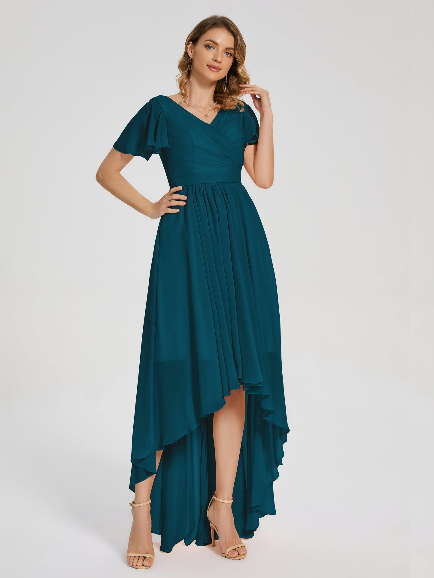 Evangeline High Low Short Sleeves Chiffon Bridesmaid Dress