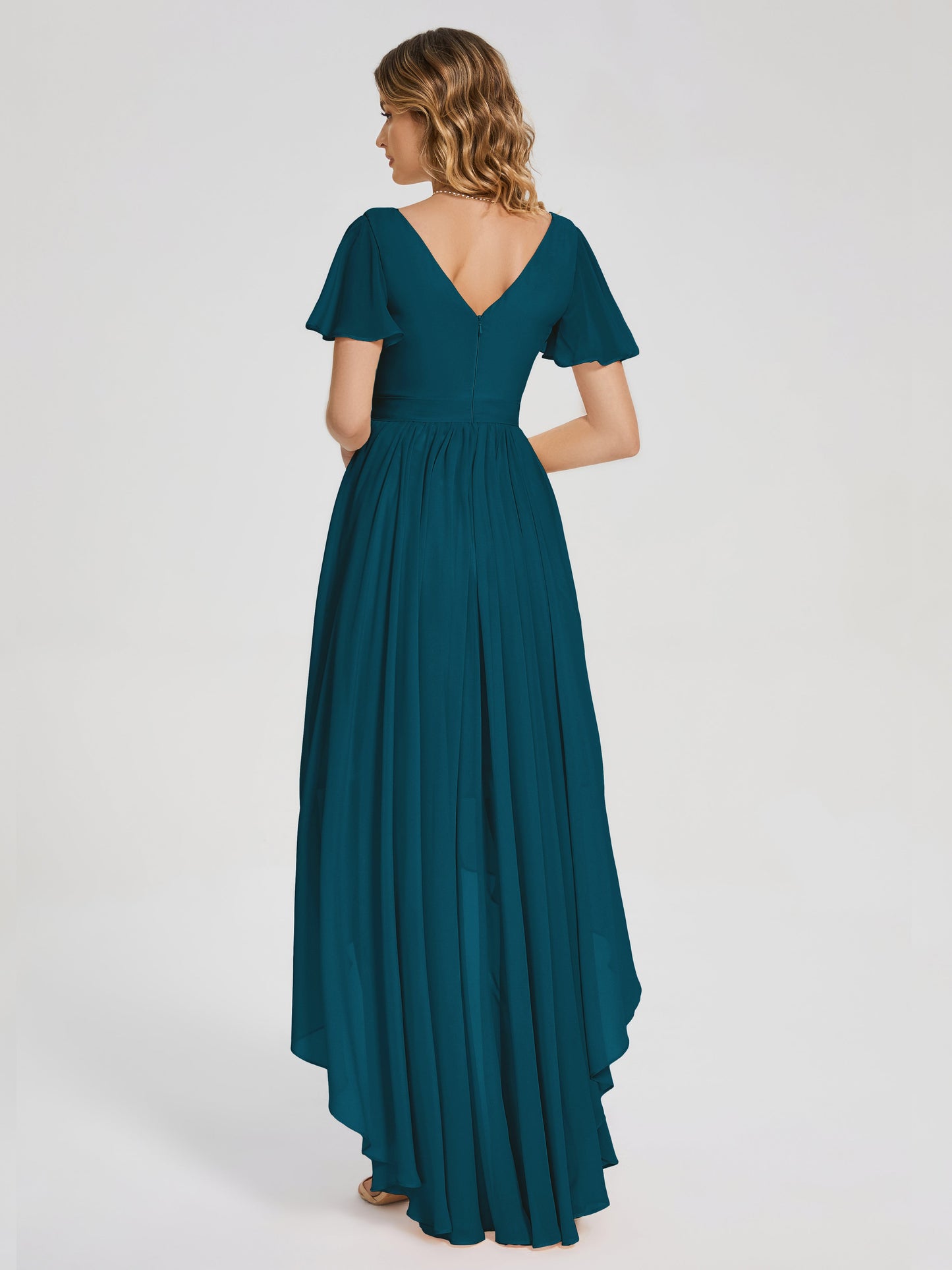 Evangeline High Low Short Sleeves Chiffon Bridesmaid Dress