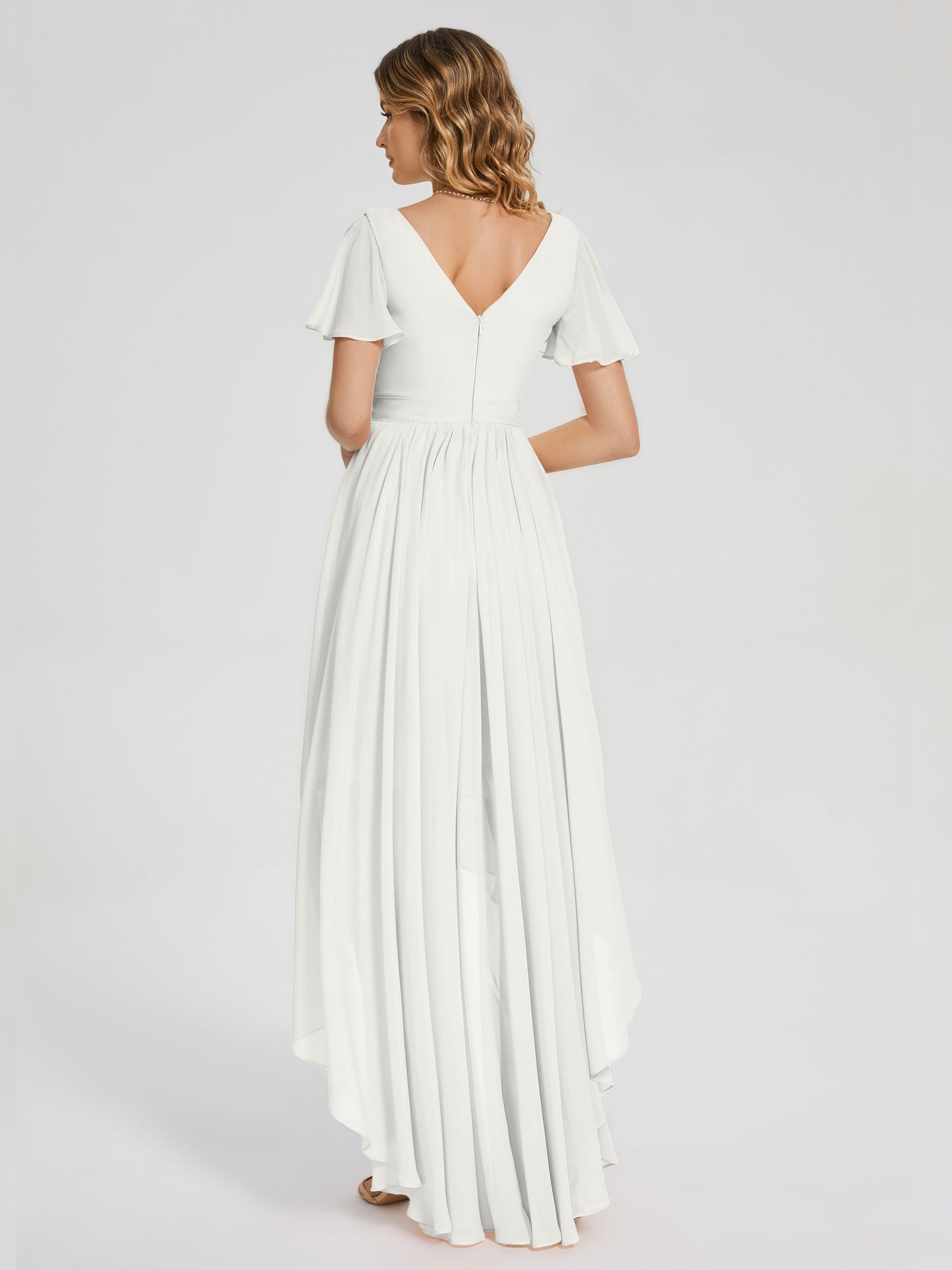 Evangeline High Low Short Sleeves Chiffon Bridesmaid Dress