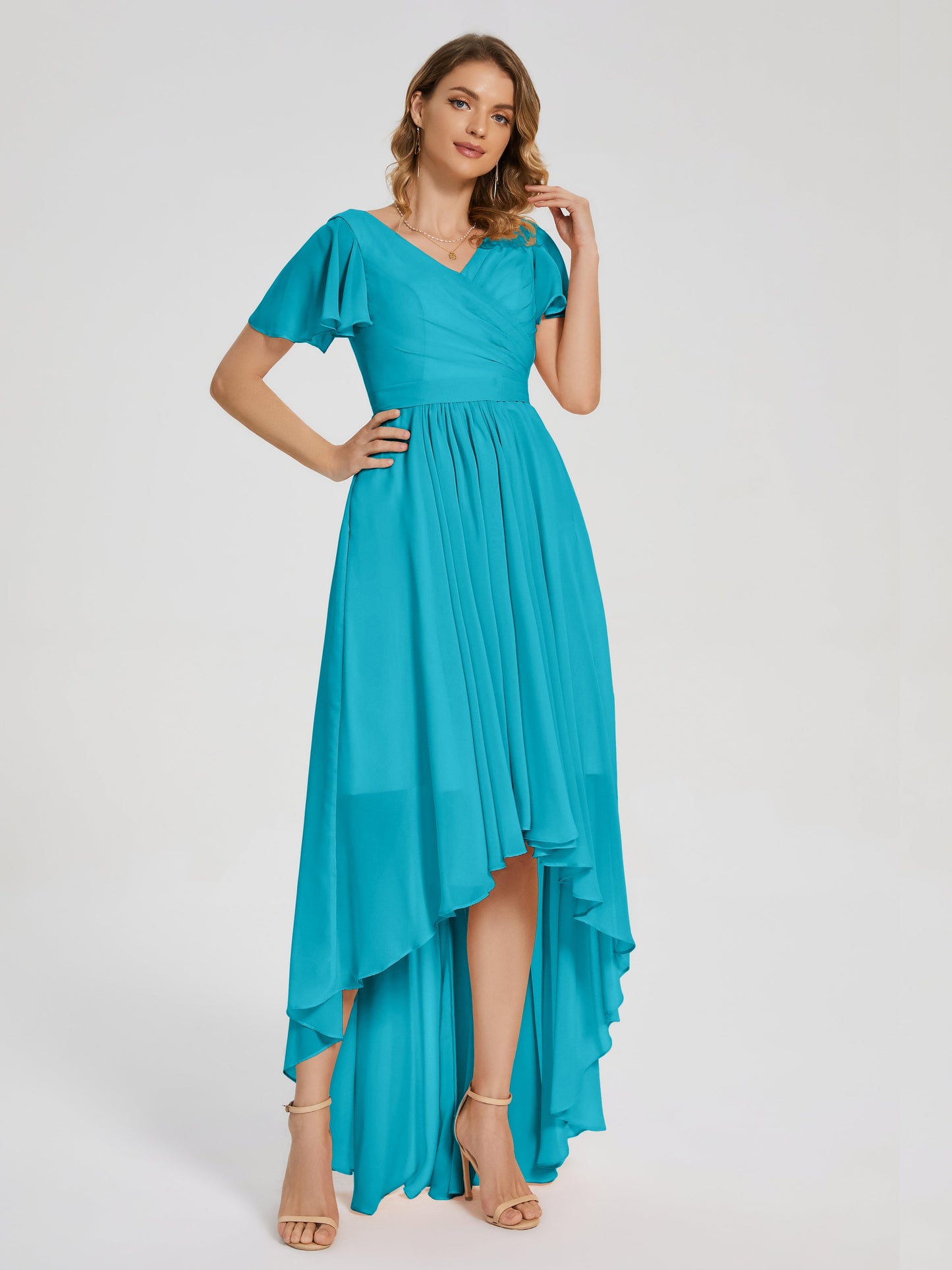 Evangeline High Low Short Sleeves Chiffon Bridesmaid Dress