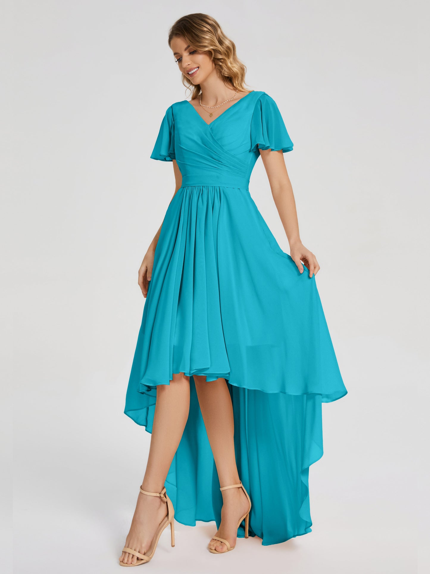Evangeline High Low Short Sleeves Chiffon Bridesmaid Dress