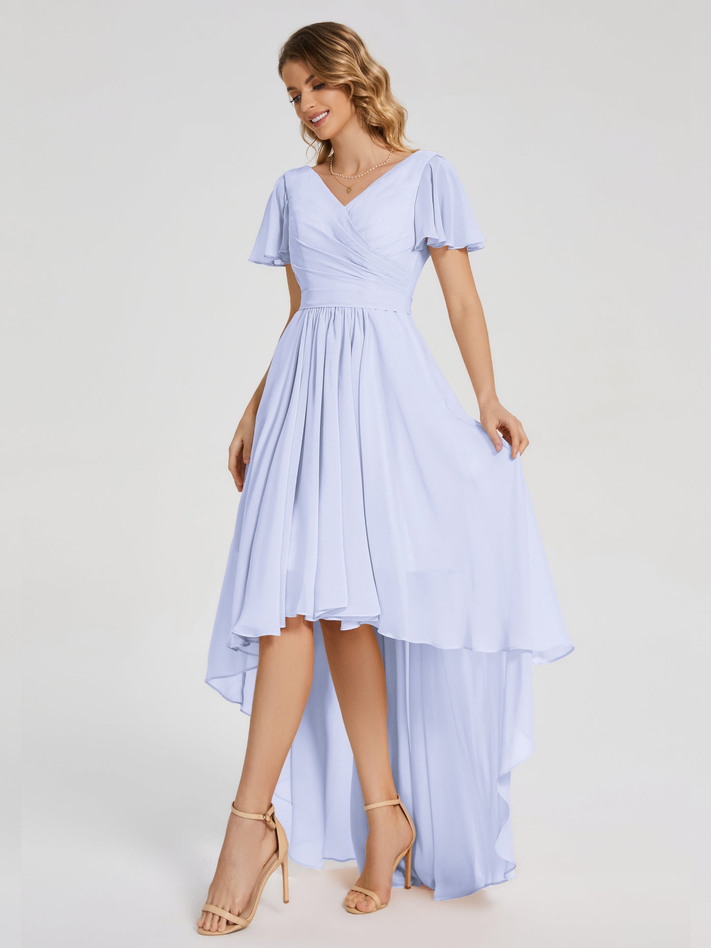 Evangeline High Low Short Sleeves Chiffon Bridesmaid Dress