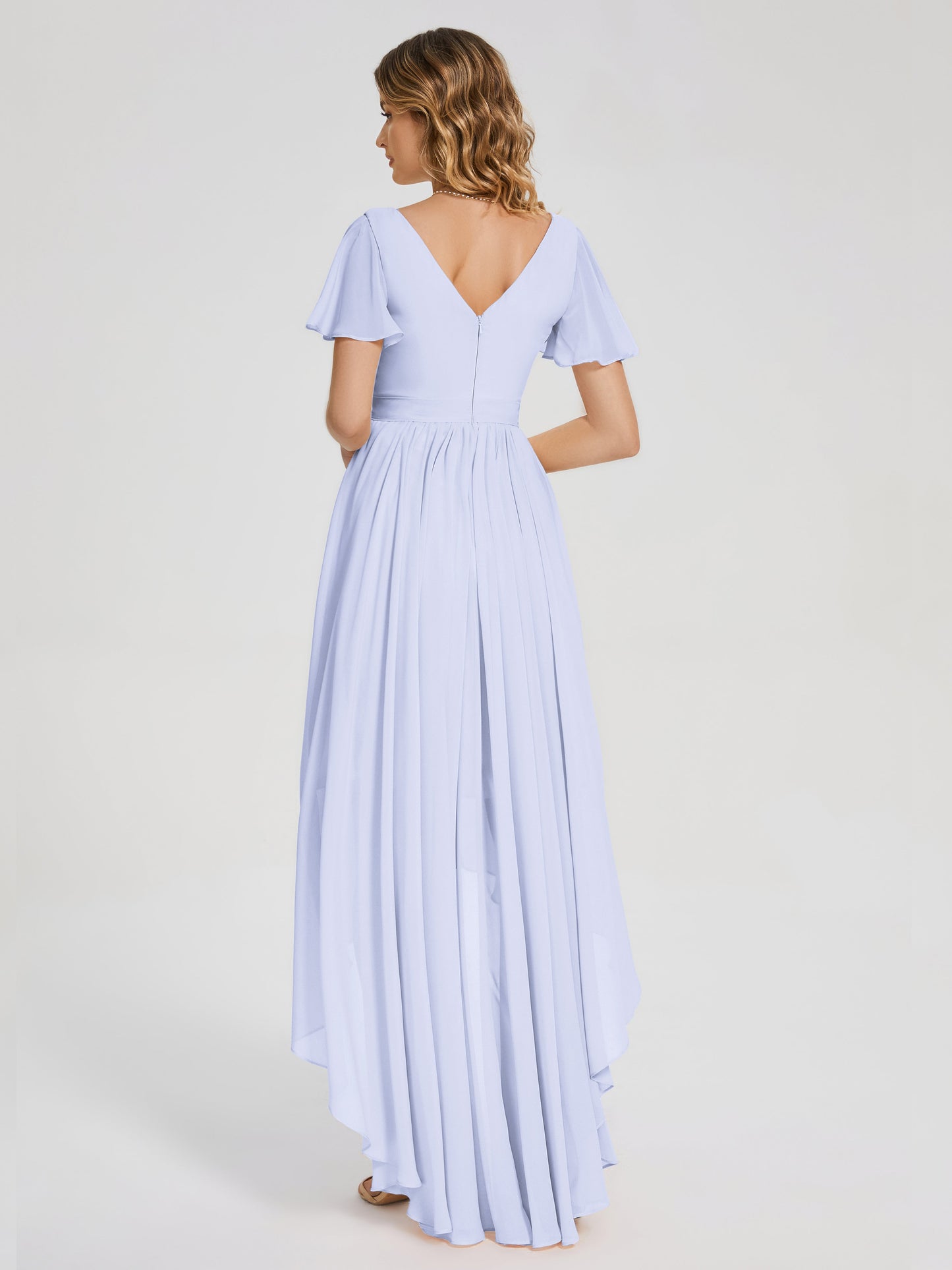Evangeline High Low Short Sleeves Chiffon Bridesmaid Dress