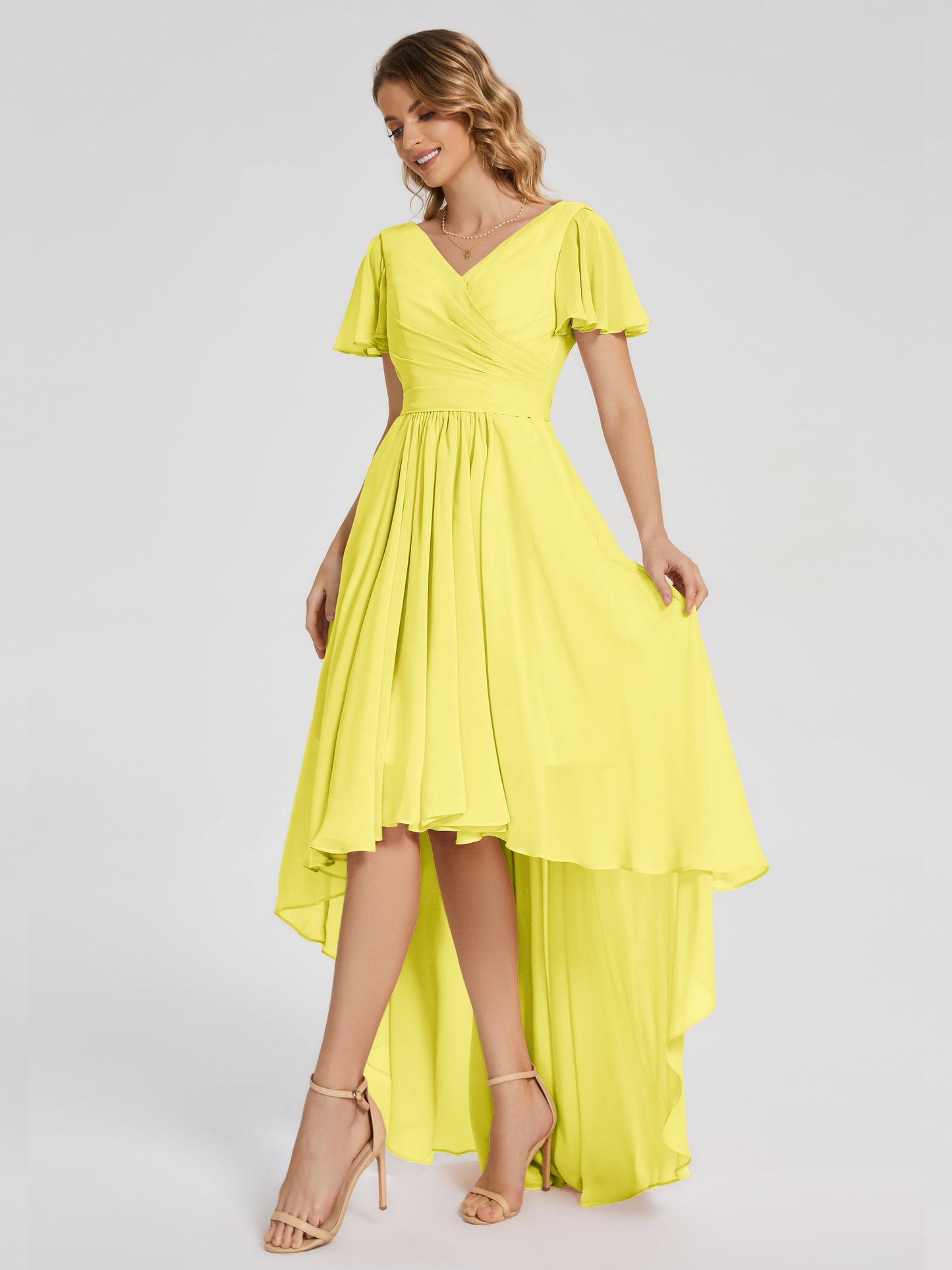 Evangeline High Low Short Sleeves Chiffon Bridesmaid Dress