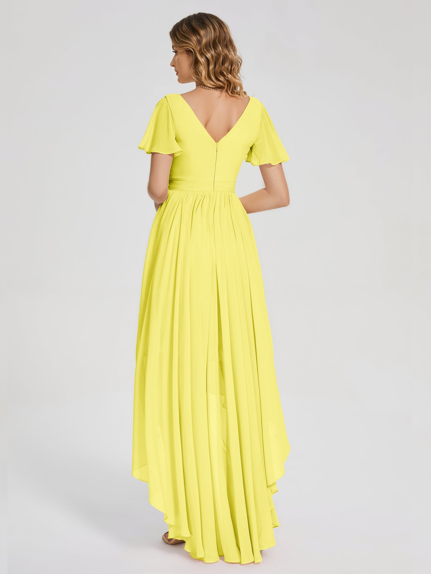 Evangeline High Low Short Sleeves Chiffon Bridesmaid Dress