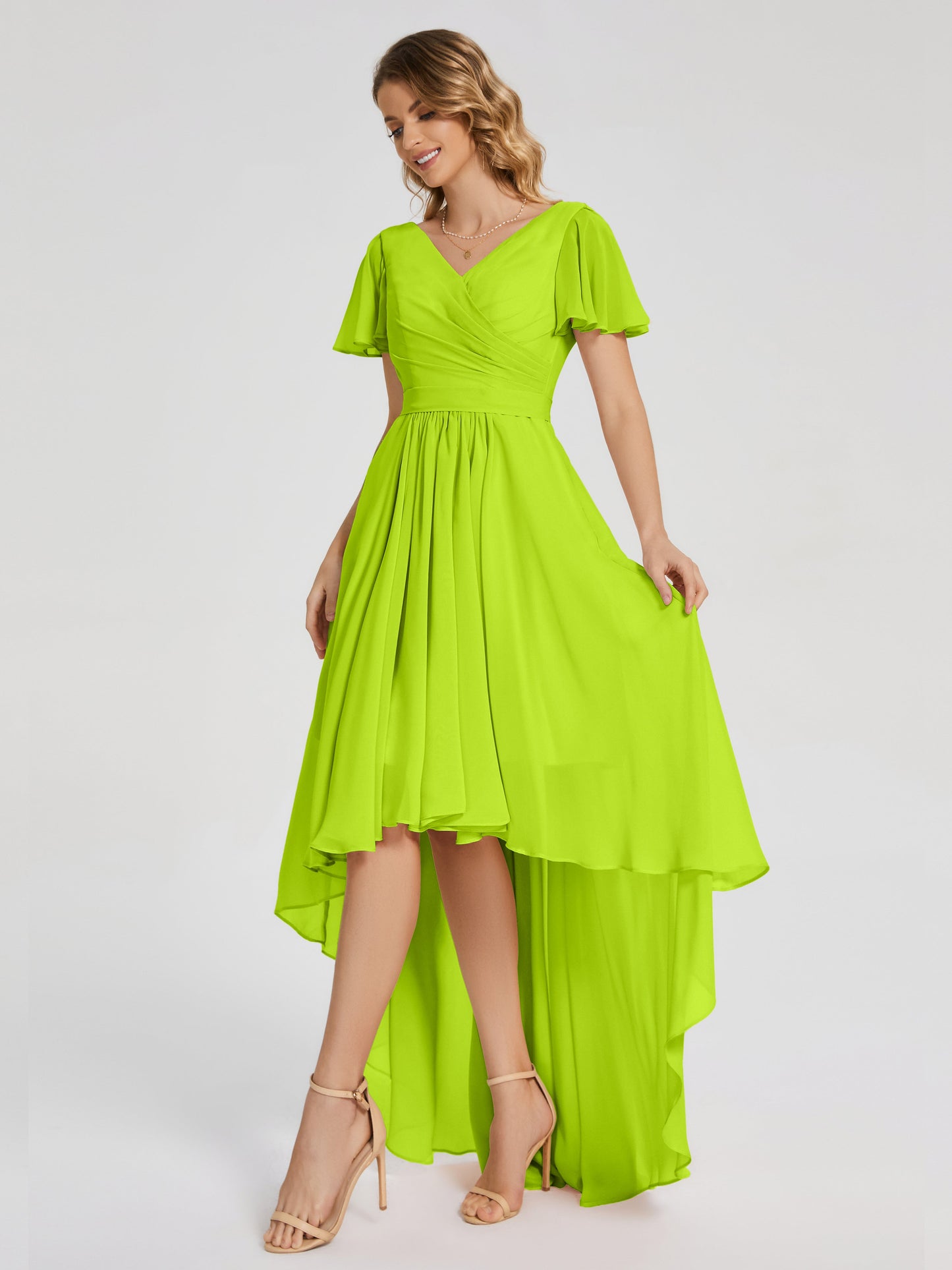 Evangeline High Low Short Sleeves Chiffon Bridesmaid Dress