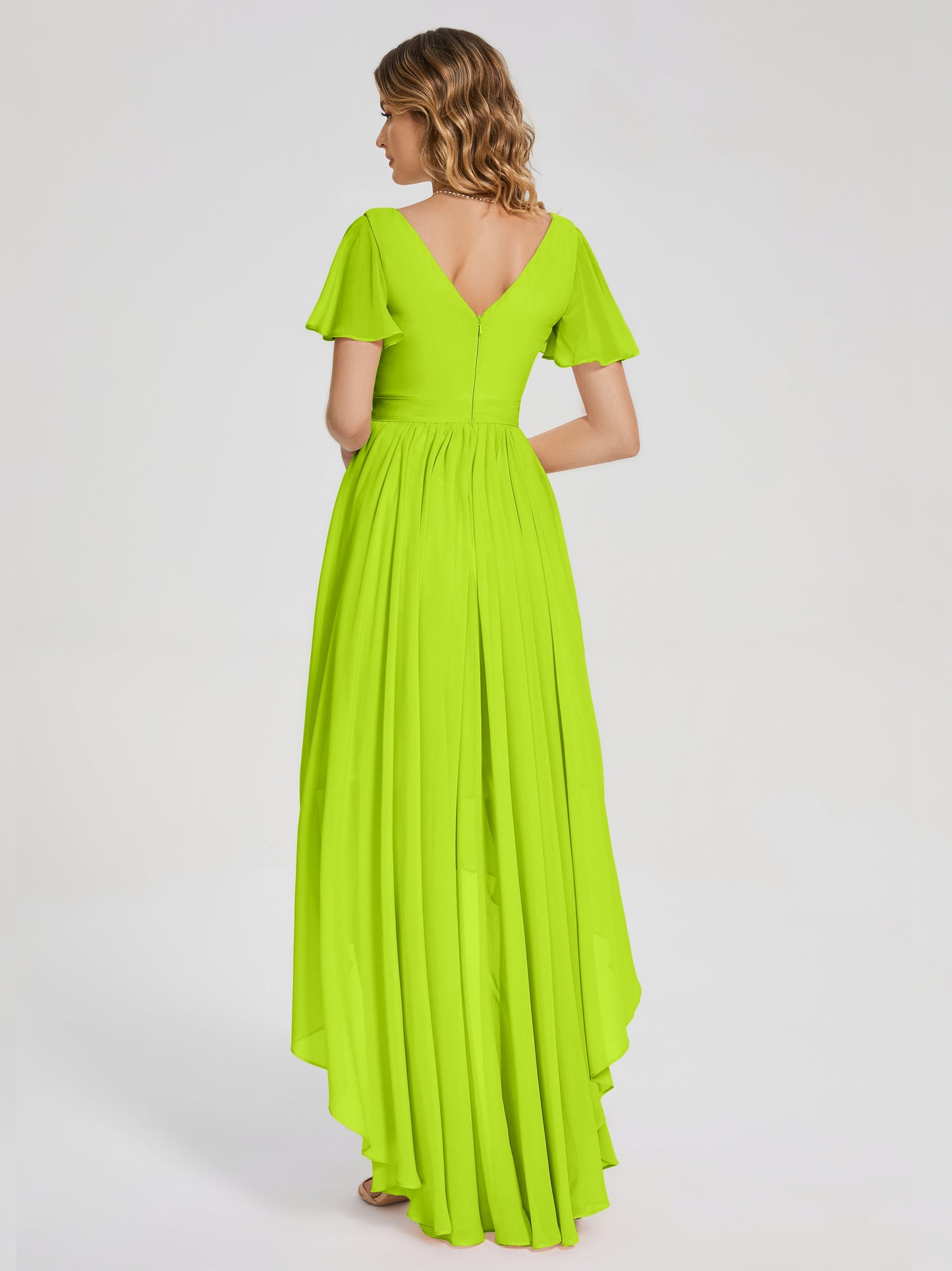Evangeline High Low Short Sleeves Chiffon Bridesmaid Dress