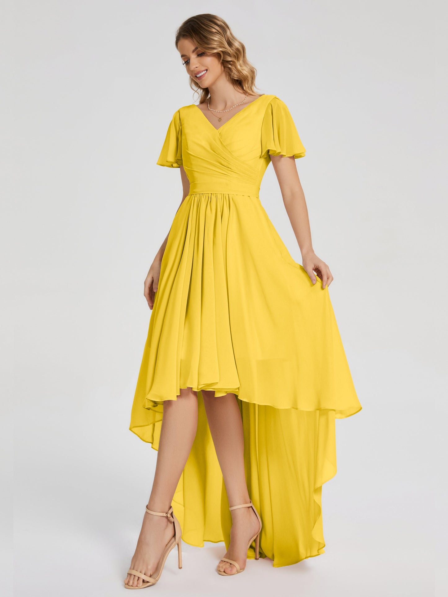 Evangeline High Low Short Sleeves Chiffon Bridesmaid Dress
