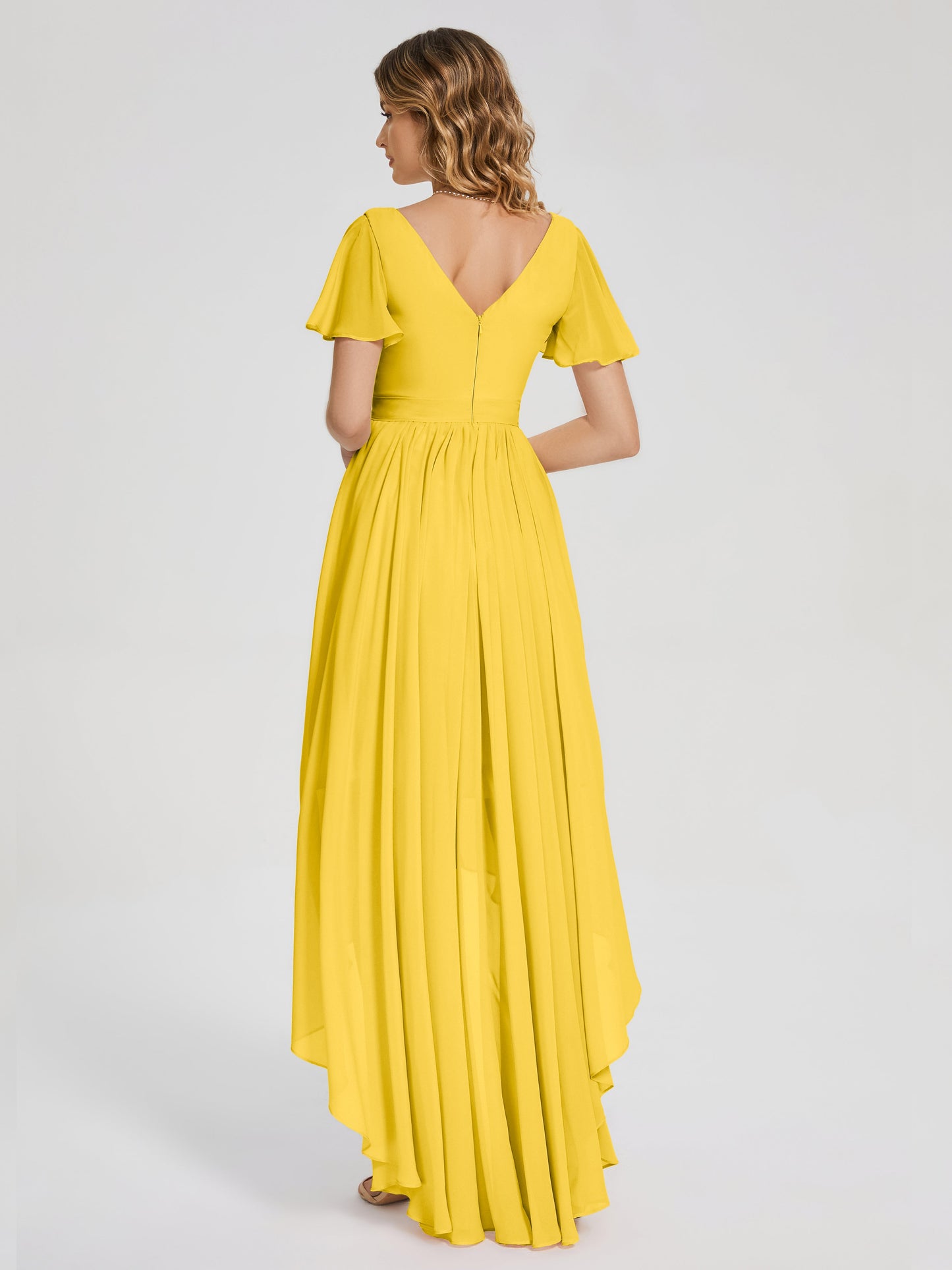 Evangeline High Low Short Sleeves Chiffon Bridesmaid Dress