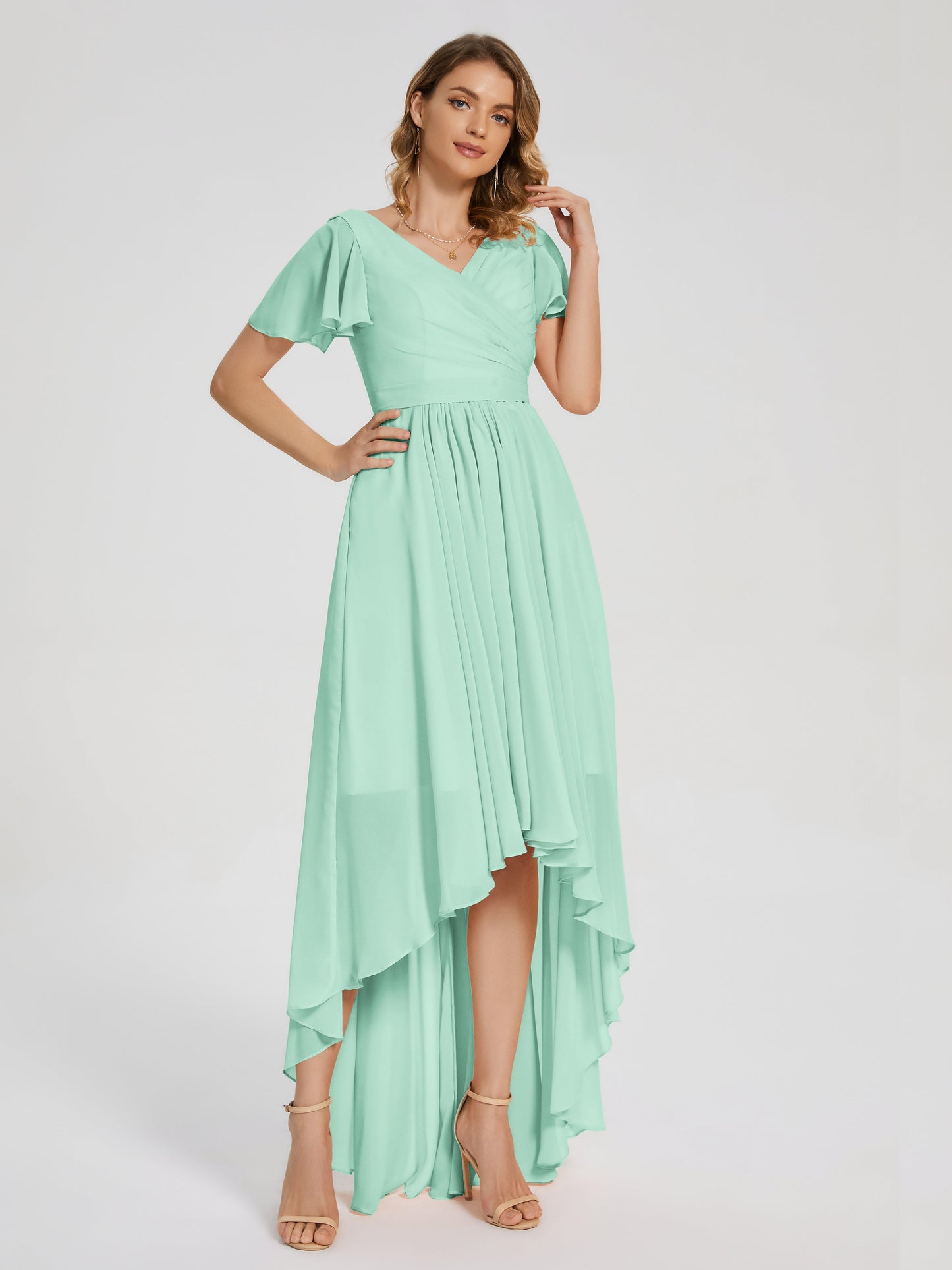 Evangeline High Low Short Sleeves Chiffon Bridesmaid Dress