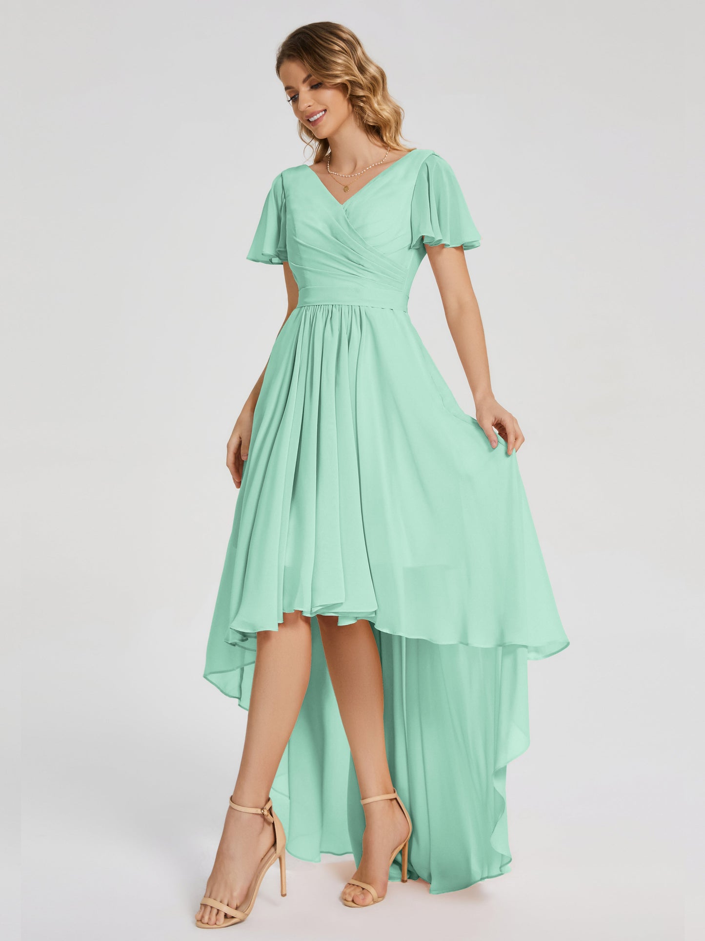 Evangeline High Low Short Sleeves Chiffon Bridesmaid Dress