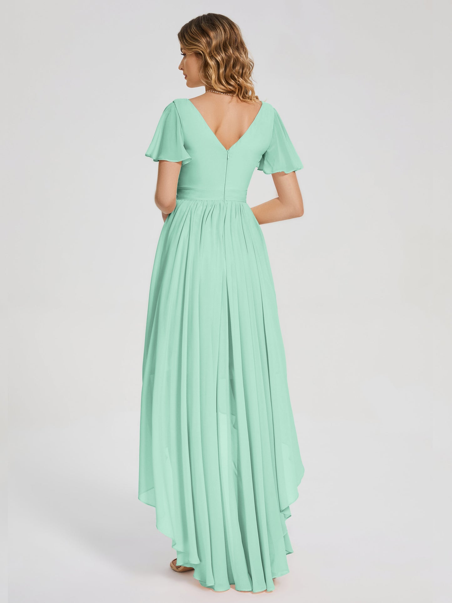 Evangeline High Low Short Sleeves Chiffon Bridesmaid Dress