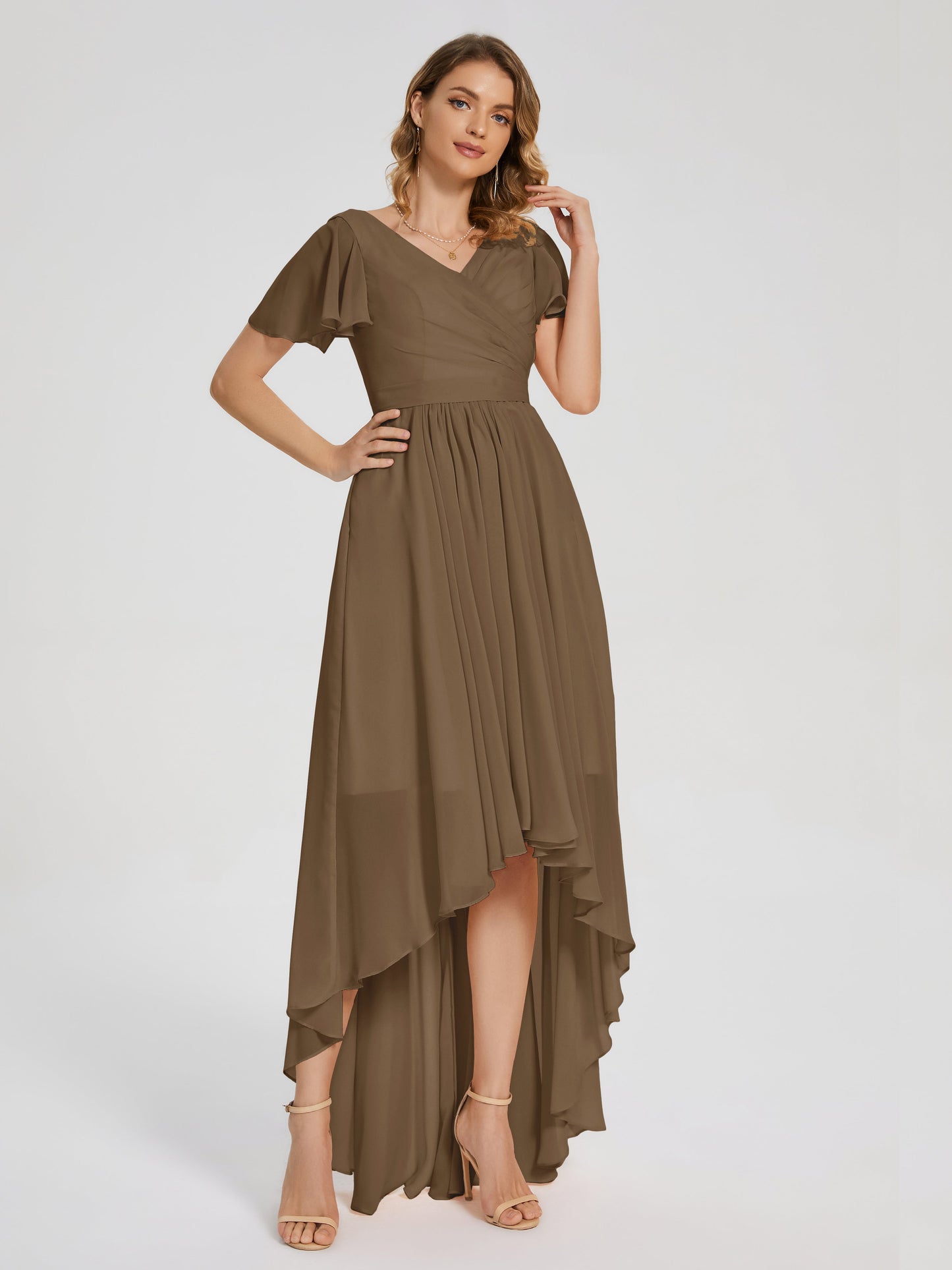 Evangeline High Low Short Sleeves Chiffon Bridesmaid Dress