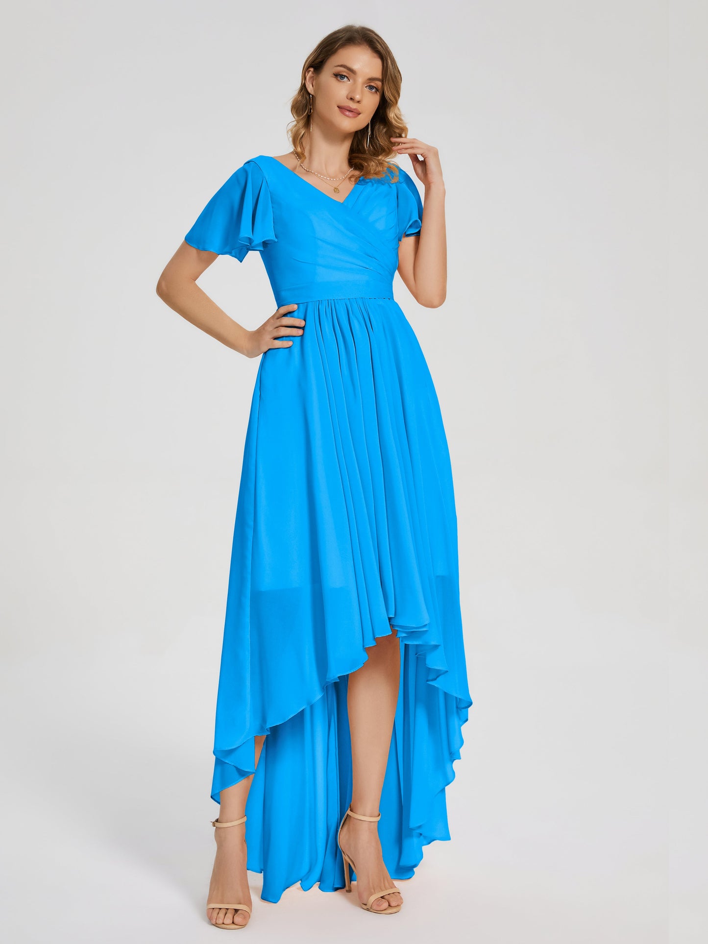 Evangeline High Low Short Sleeves Chiffon Bridesmaid Dress