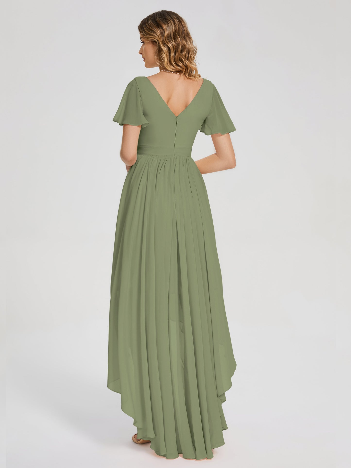 Evangeline High Low Short Sleeves Chiffon Bridesmaid Dress