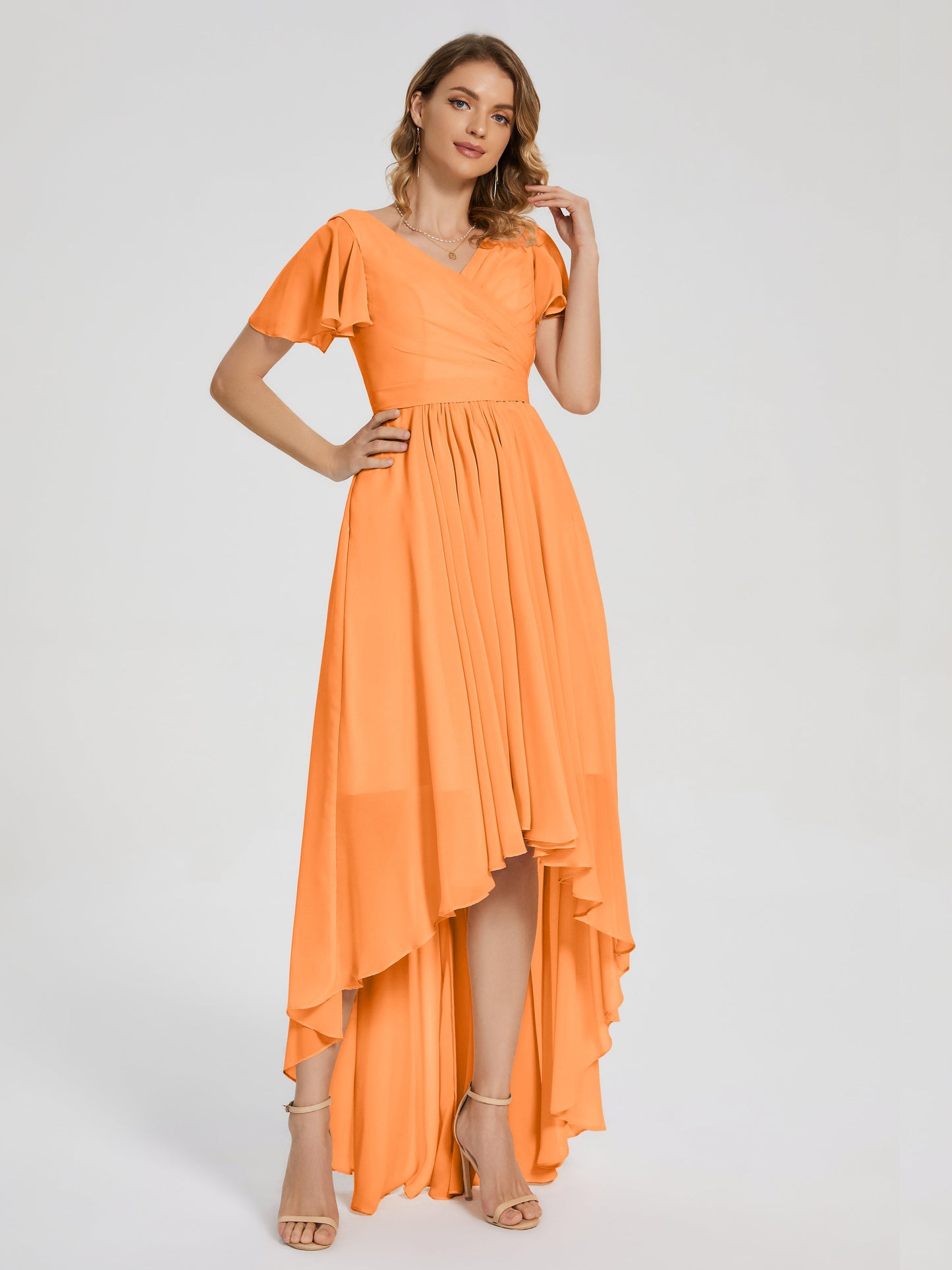 Evangeline High Low Short Sleeves Chiffon Bridesmaid Dress