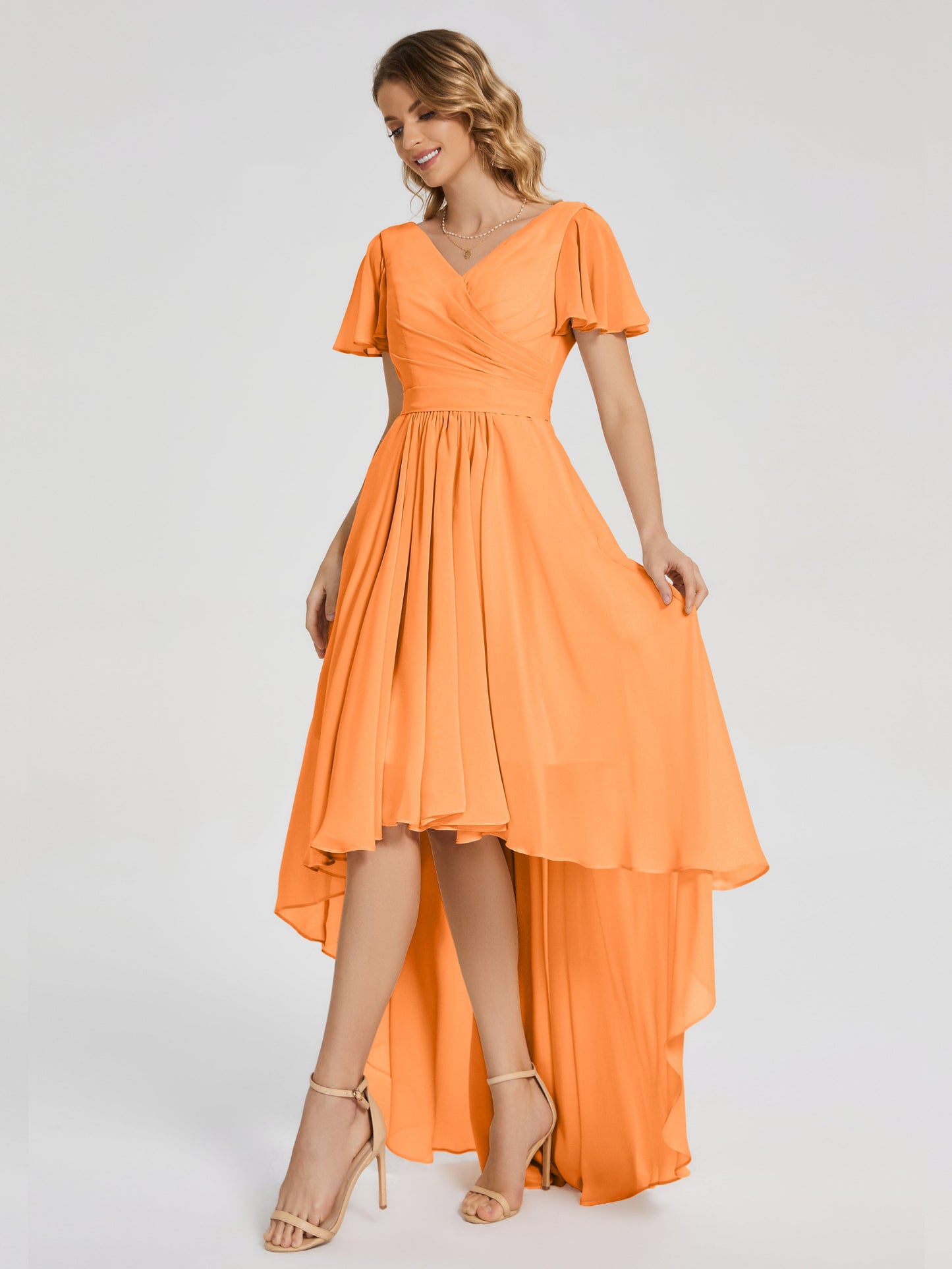 Evangeline High Low Short Sleeves Chiffon Bridesmaid Dress