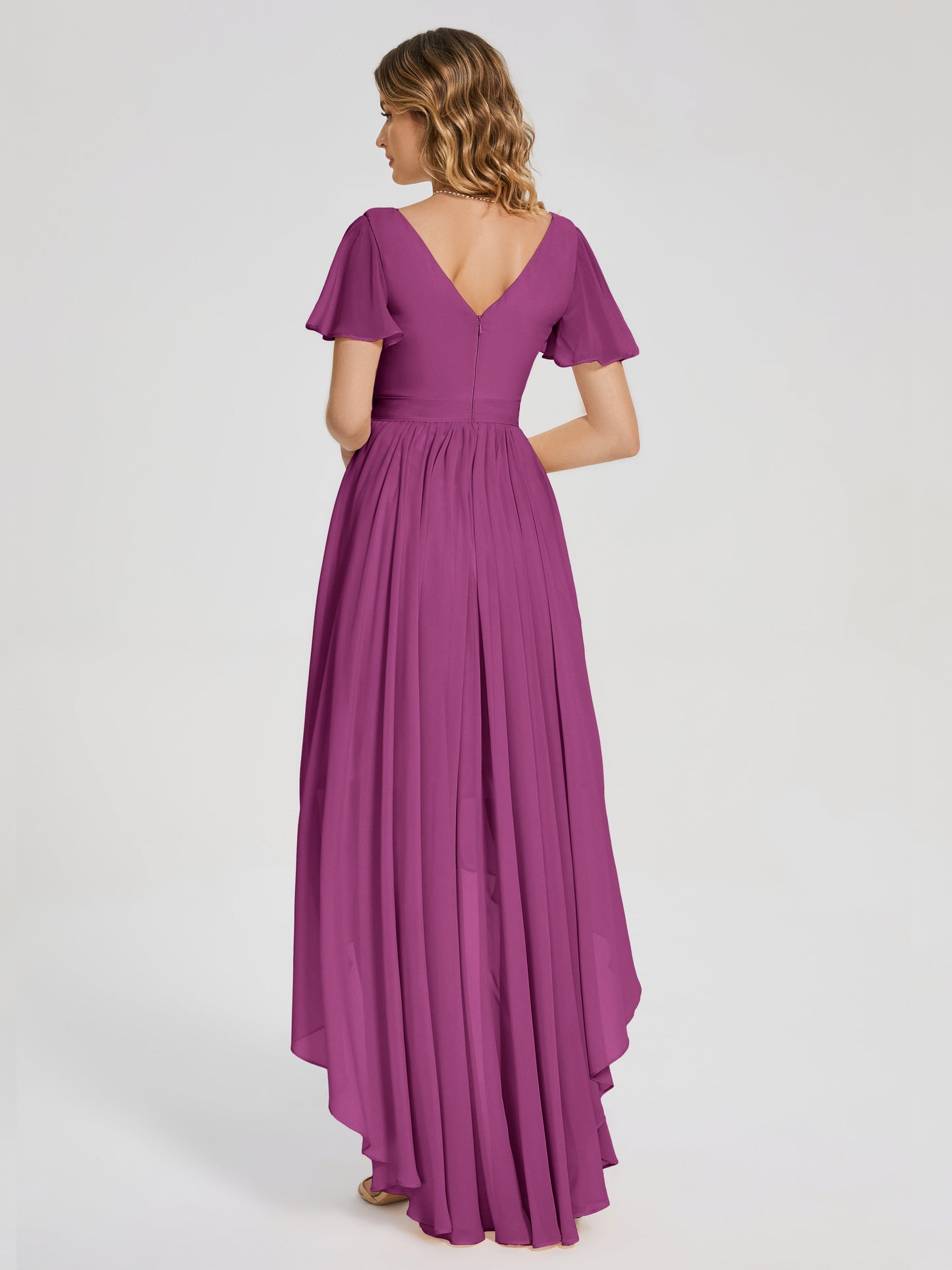 Evangeline High Low Short Sleeves Chiffon Bridesmaid Dress