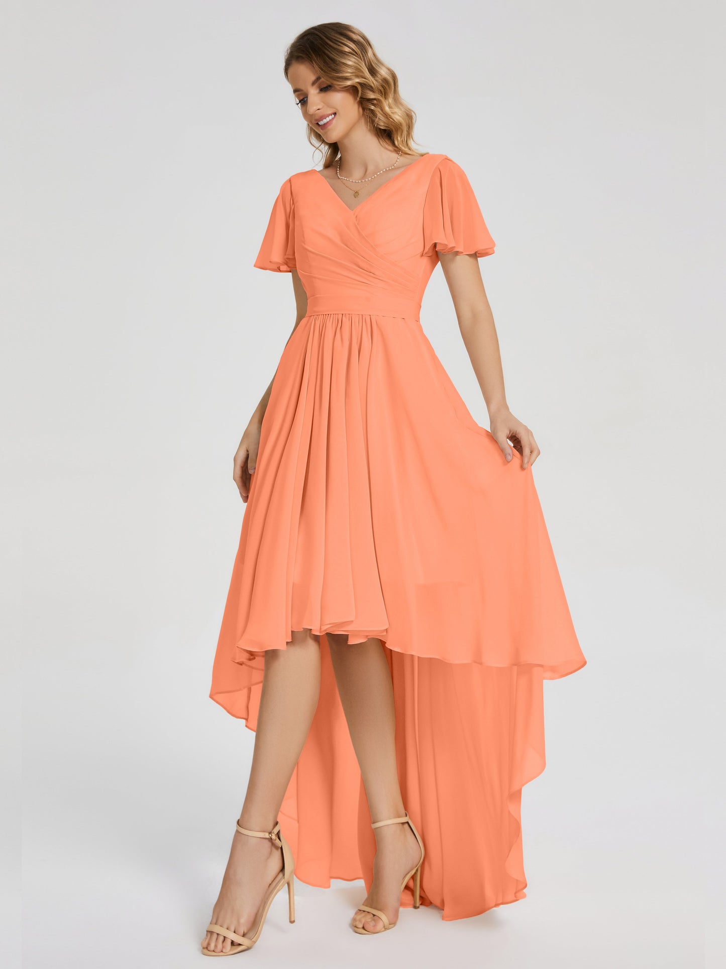 Evangeline High Low Short Sleeves Chiffon Bridesmaid Dress