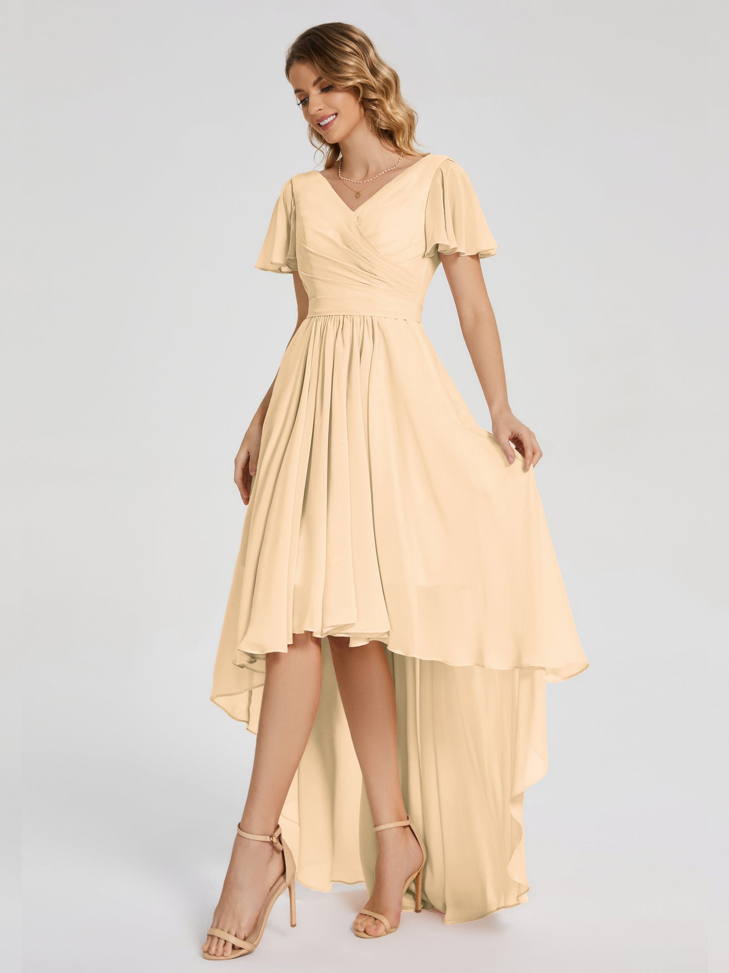 Evangeline High Low Short Sleeves Chiffon Bridesmaid Dress