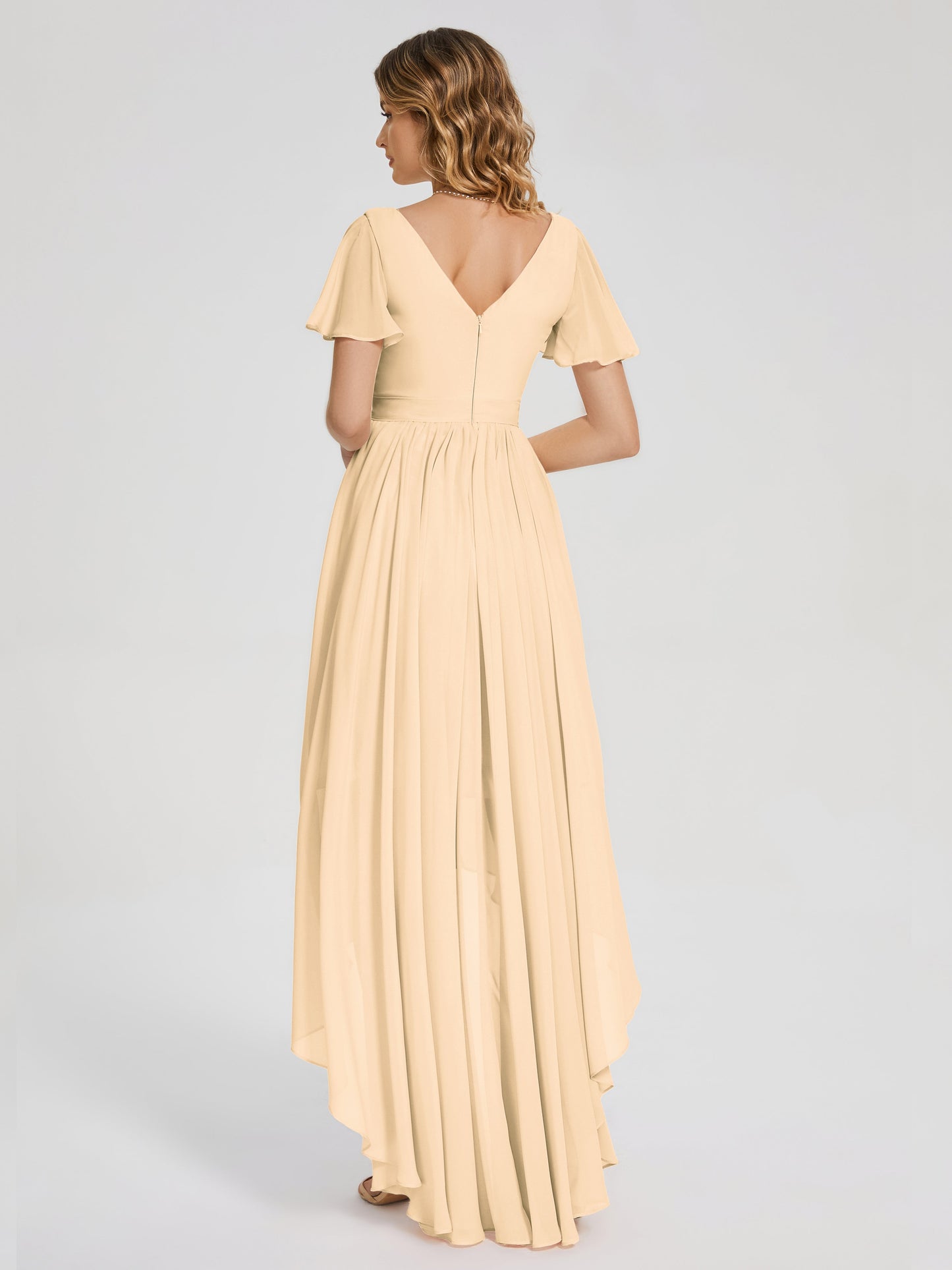 Evangeline High Low Short Sleeves Chiffon Bridesmaid Dress