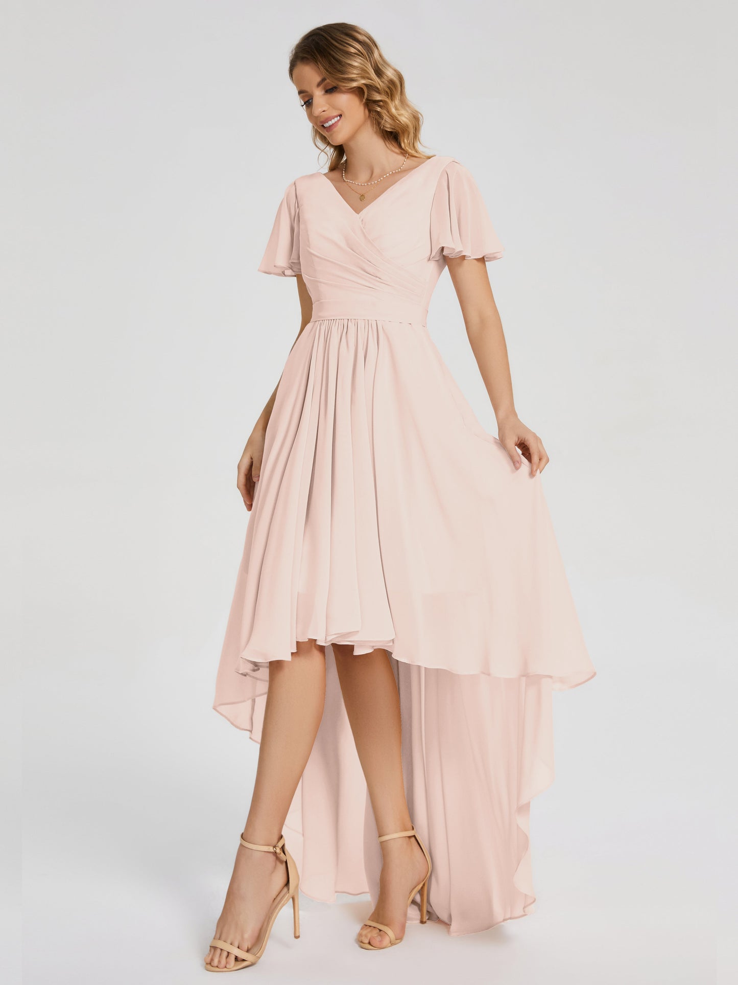Evangeline High Low Short Sleeves Chiffon Bridesmaid Dress