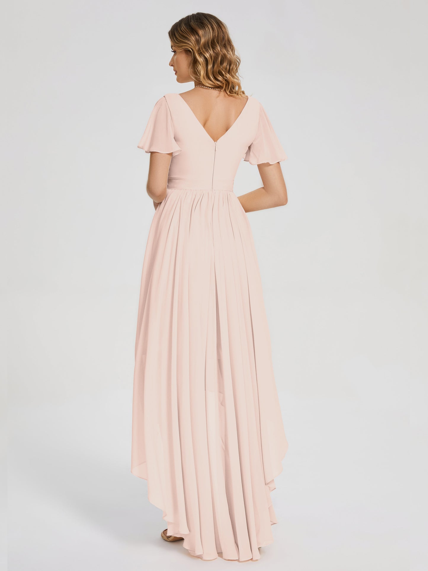 Evangeline High Low Short Sleeves Chiffon Bridesmaid Dress