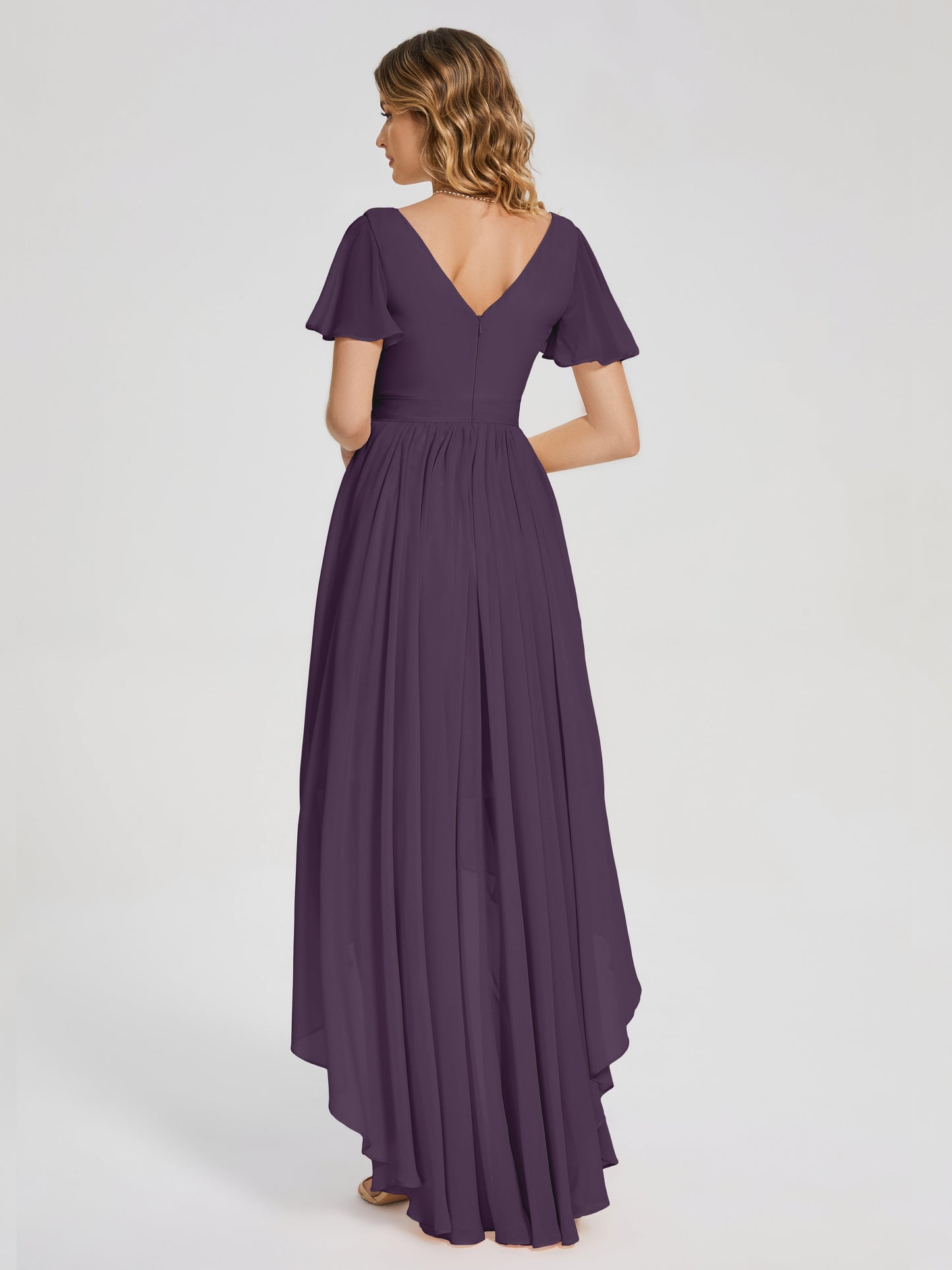 Evangeline High Low Short Sleeves Chiffon Bridesmaid Dress