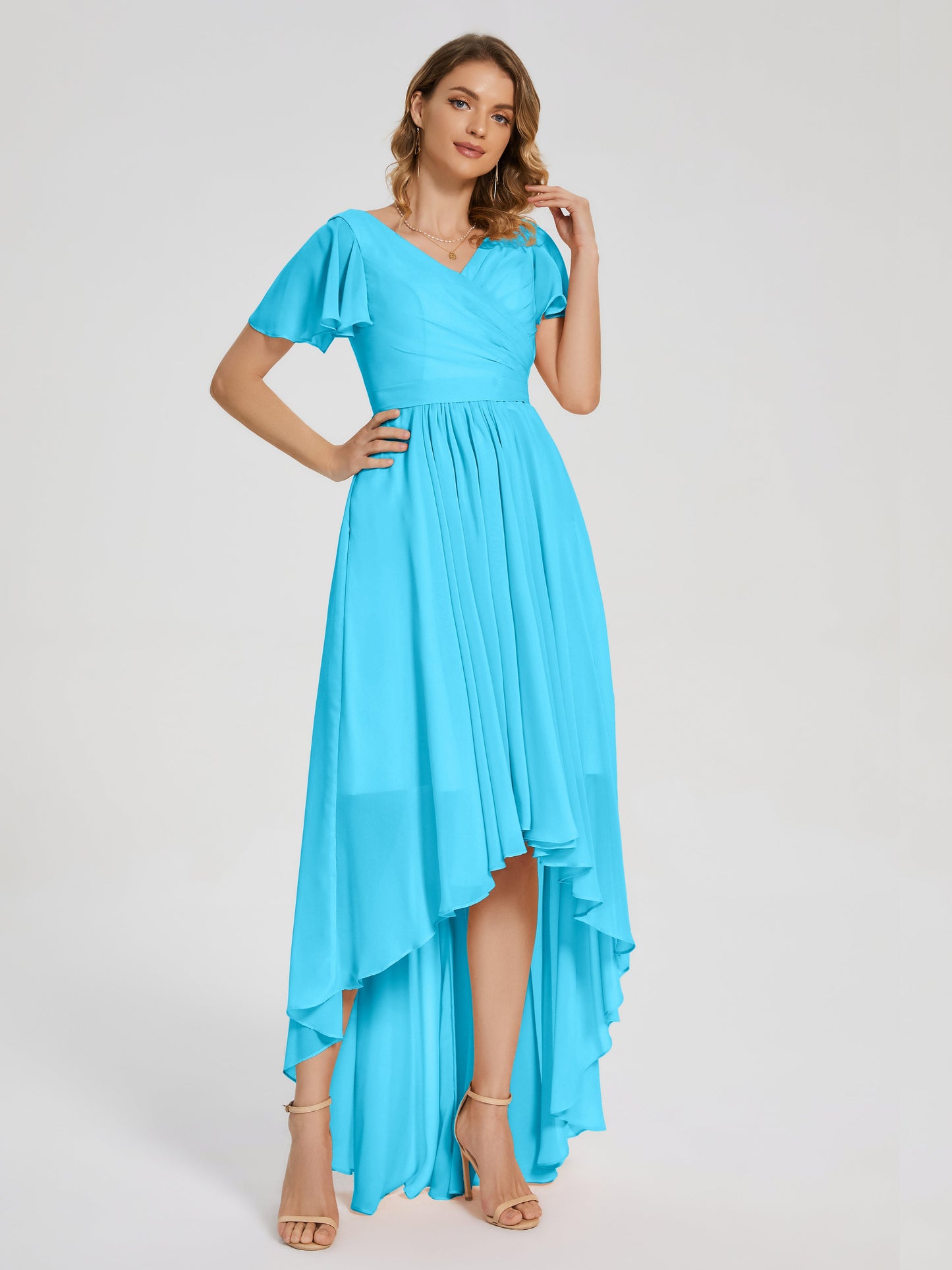Evangeline High Low Short Sleeves Chiffon Bridesmaid Dress