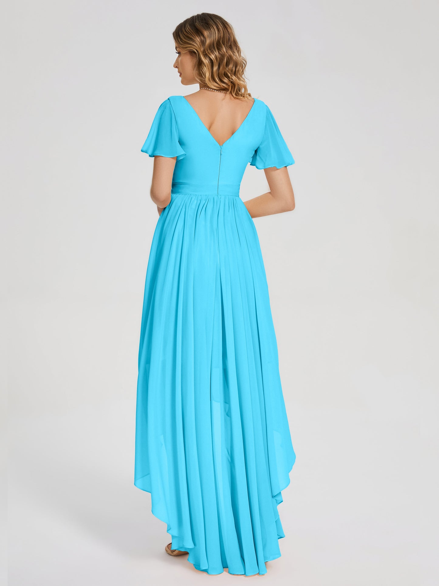 Evangeline High Low Short Sleeves Chiffon Bridesmaid Dress
