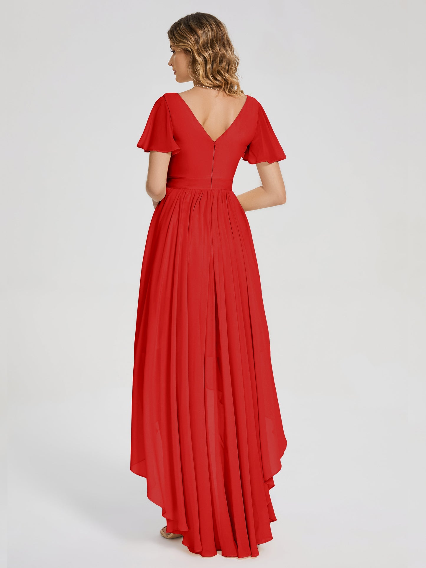 Evangeline High Low Short Sleeves Chiffon Bridesmaid Dress