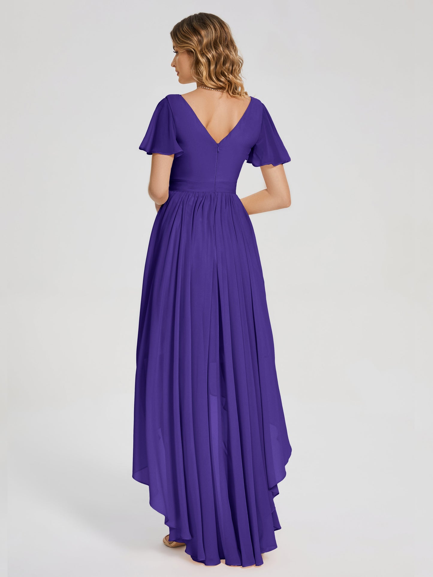 Evangeline High Low Short Sleeves Chiffon Bridesmaid Dress