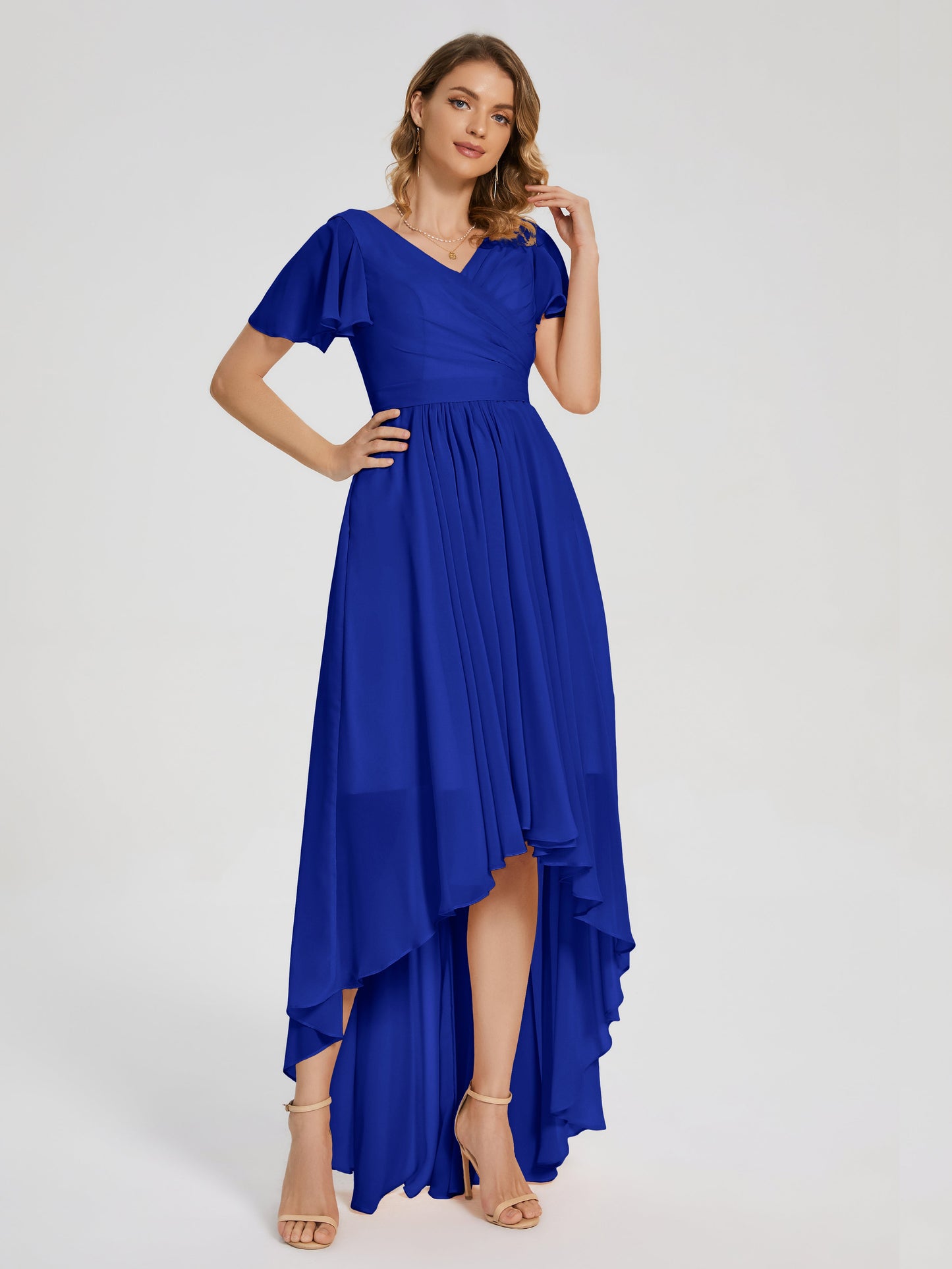 Evangeline High Low Short Sleeves Chiffon Bridesmaid Dress