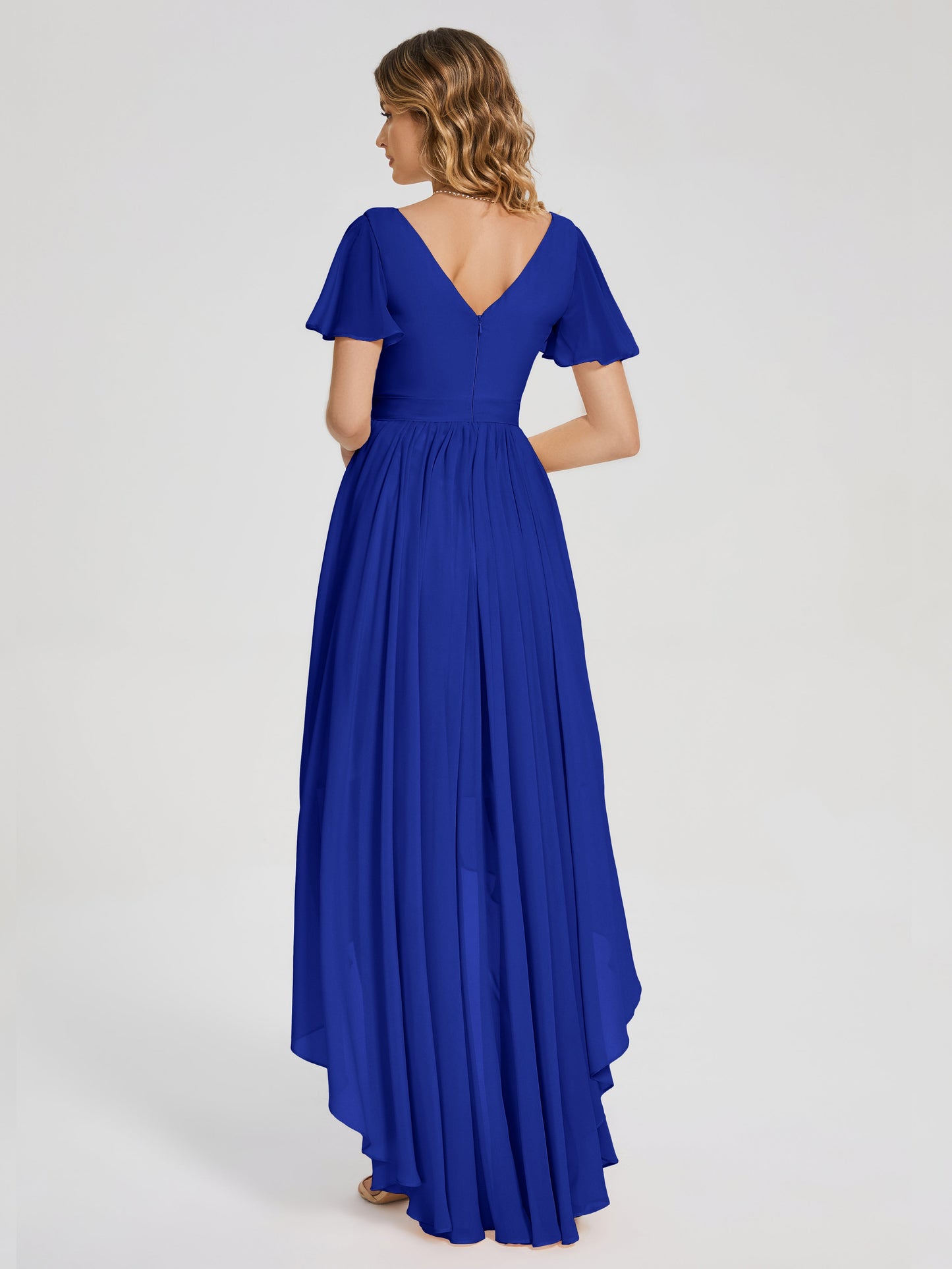 Evangeline High Low Short Sleeves Chiffon Bridesmaid Dress