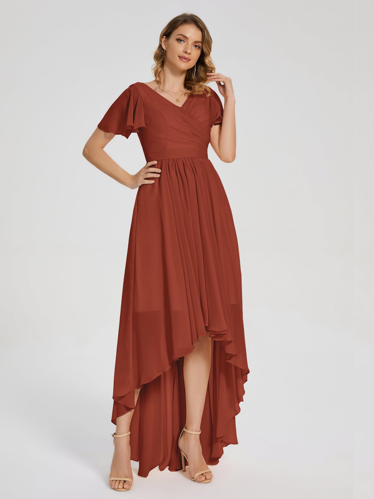 Evangeline High Low Short Sleeves Chiffon Bridesmaid Dress