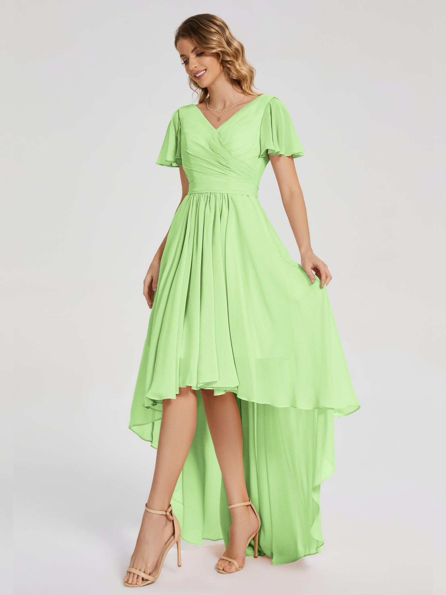 Evangeline High Low Short Sleeves Chiffon Bridesmaid Dress