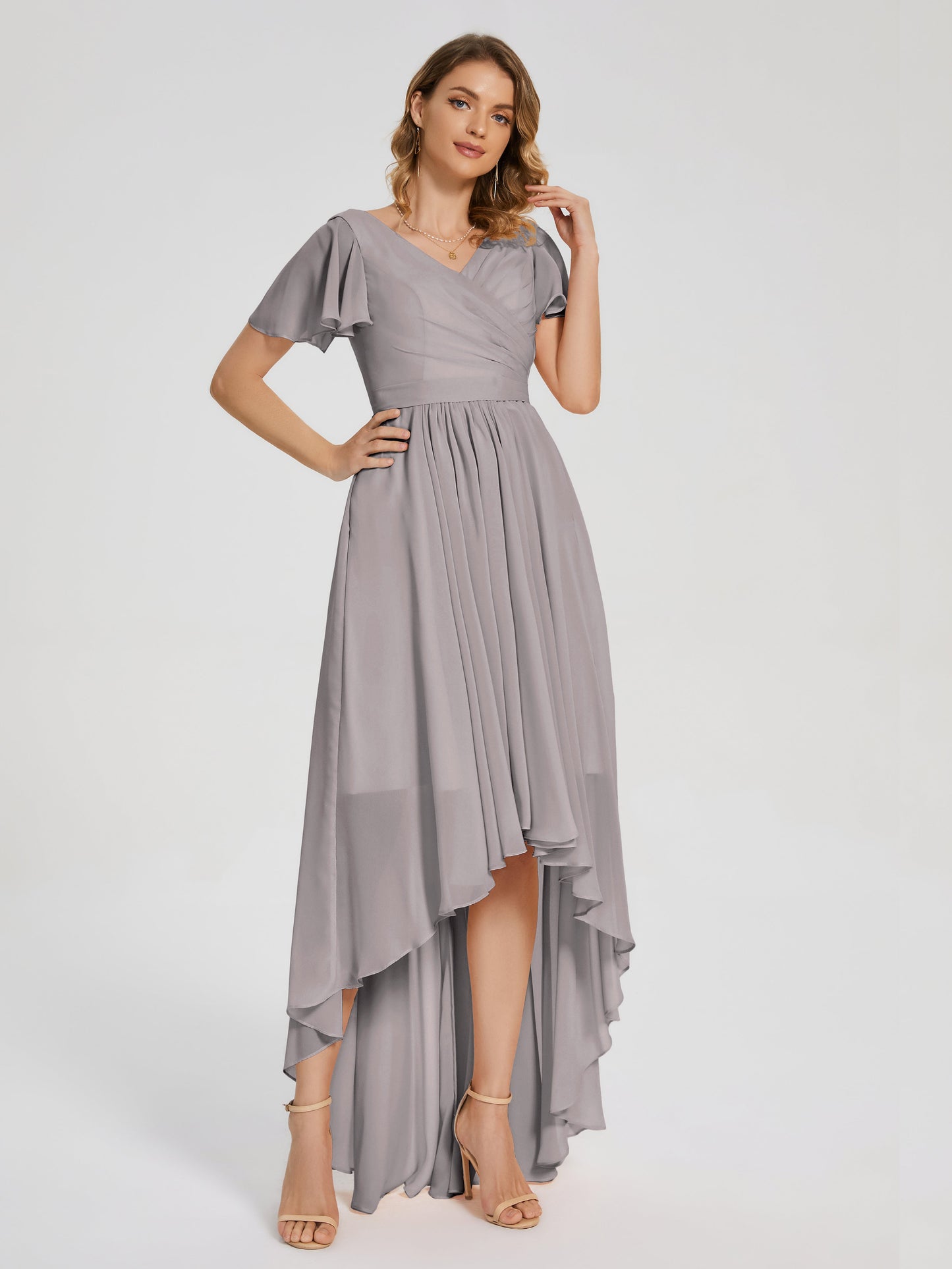 Evangeline High Low Short Sleeves Chiffon Bridesmaid Dress