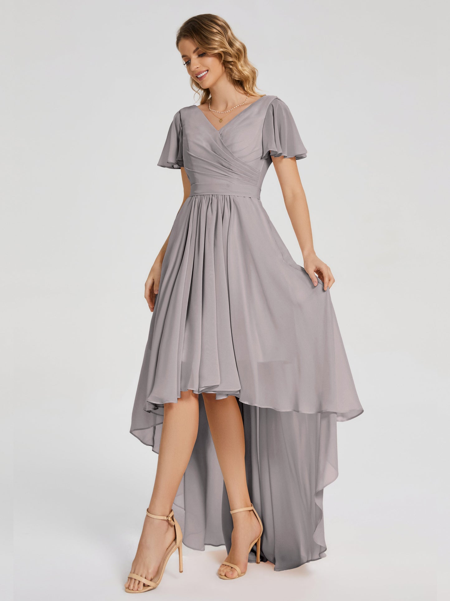 Evangeline High Low Short Sleeves Chiffon Bridesmaid Dress