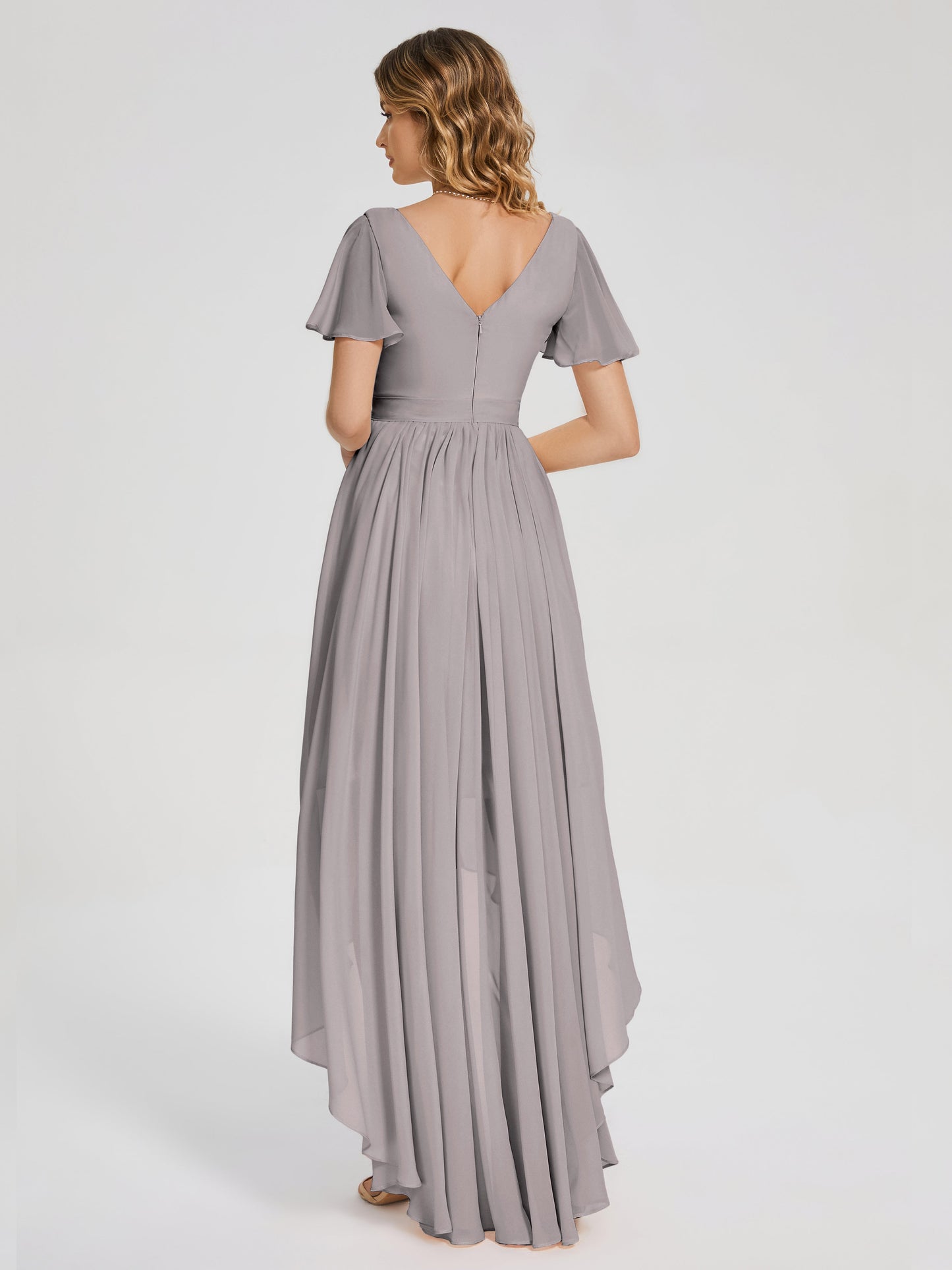 Evangeline High Low Short Sleeves Chiffon Bridesmaid Dress