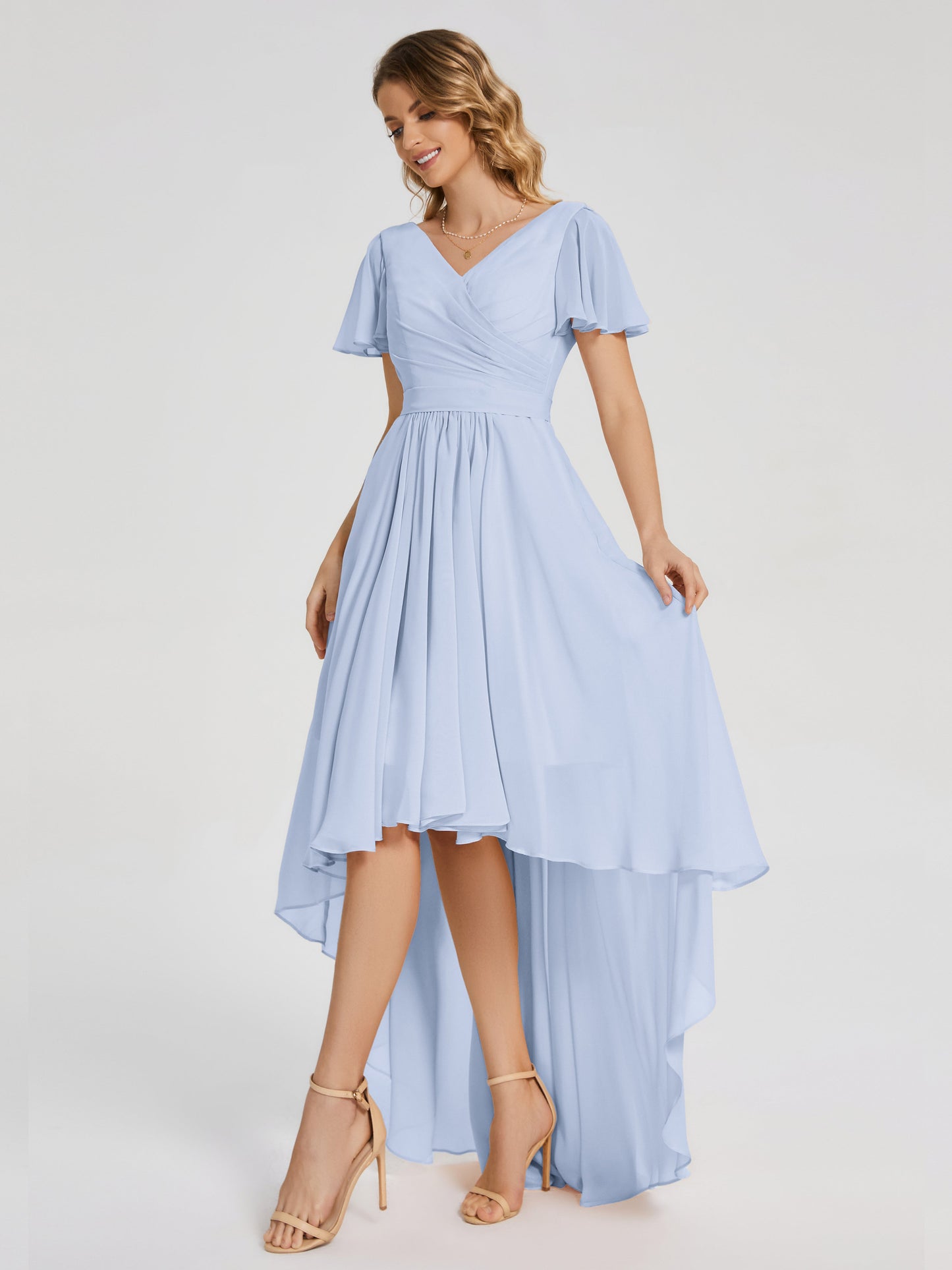 Evangeline High Low Short Sleeves Chiffon Bridesmaid Dress