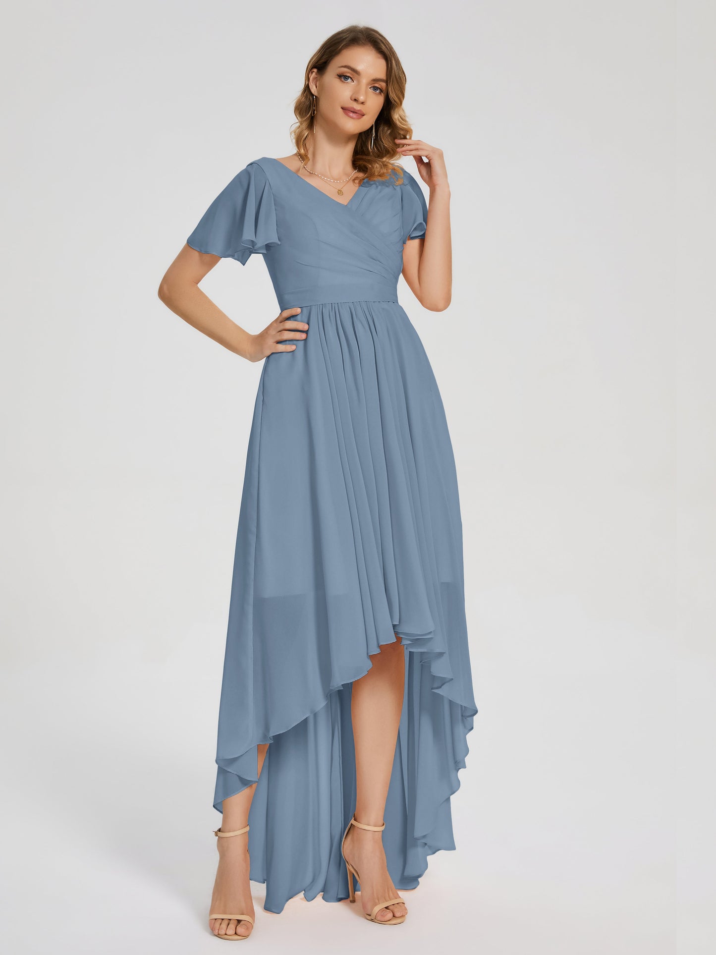 Evangeline High Low Short Sleeves Chiffon Bridesmaid Dress