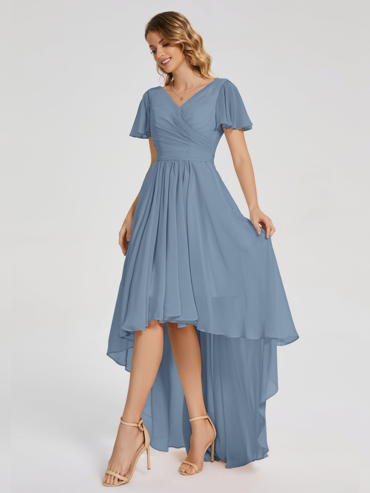 Evangeline High Low Short Sleeves Chiffon Bridesmaid Dress