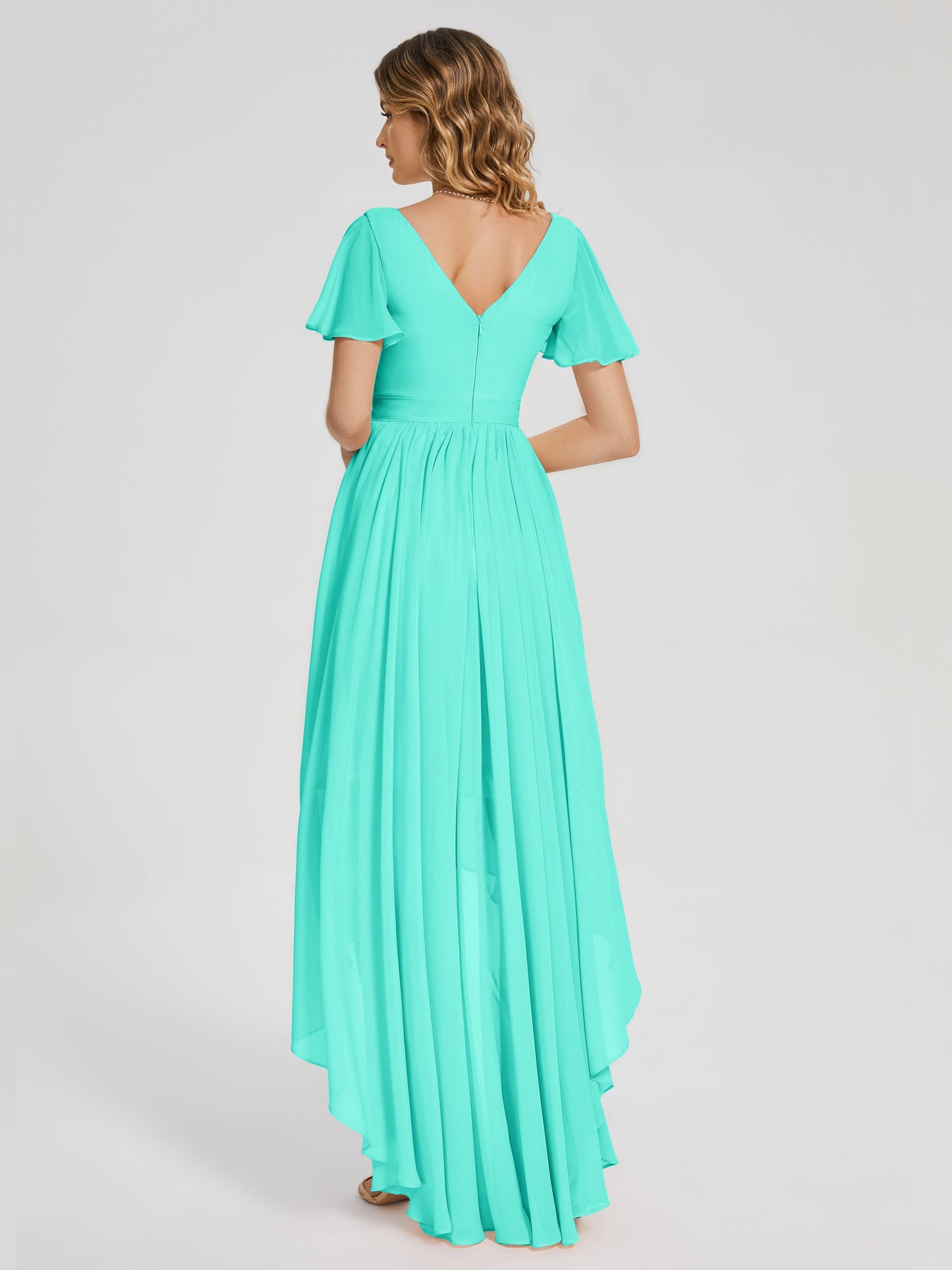 Evangeline High Low Short Sleeves Chiffon Bridesmaid Dress