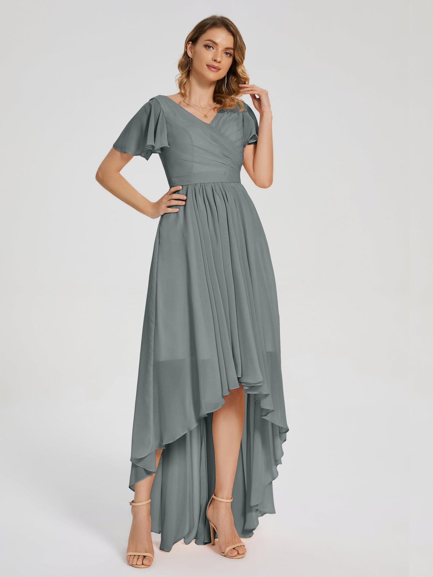 Evangeline High Low Short Sleeves Chiffon Bridesmaid Dress