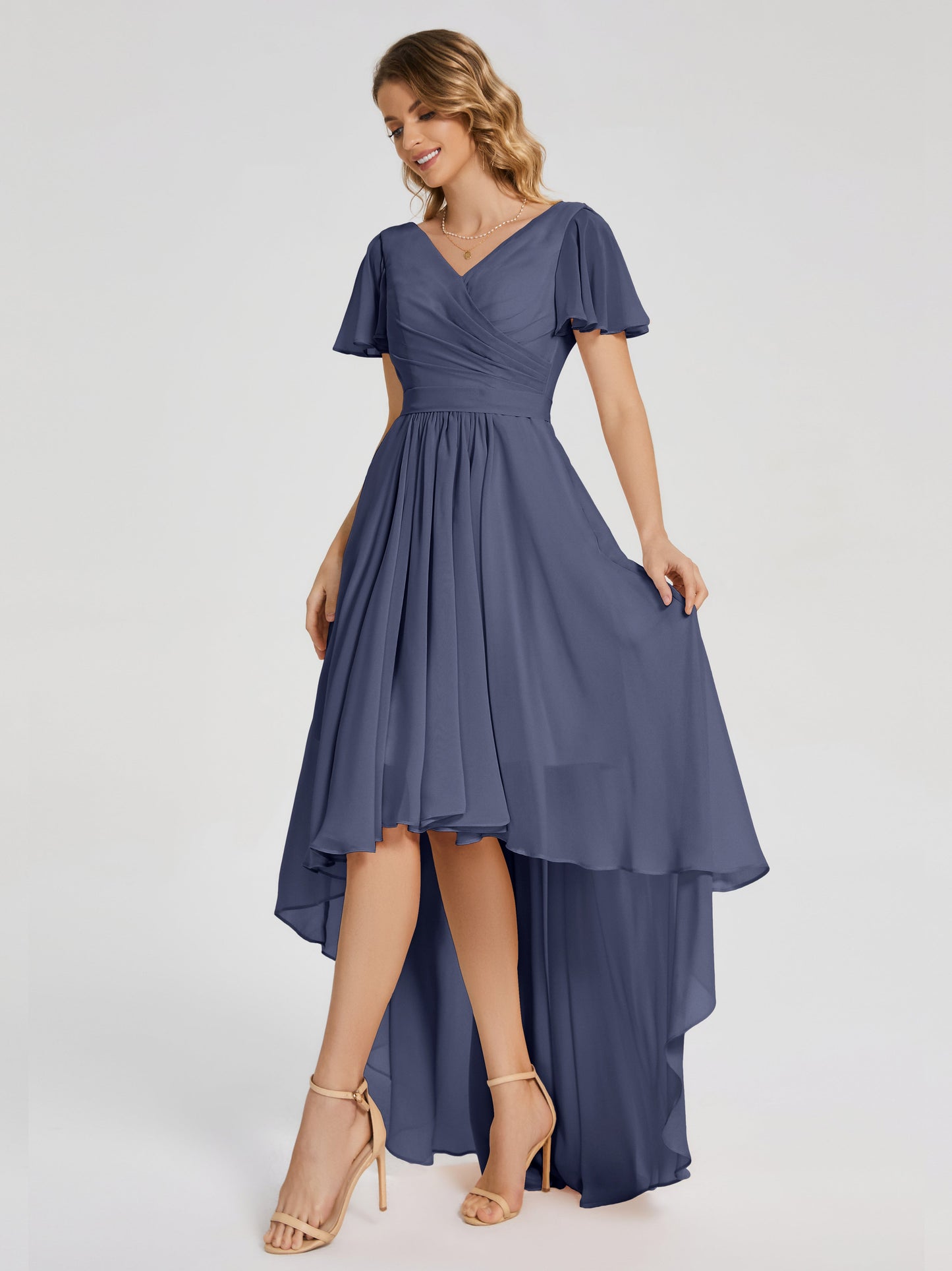 Evangeline High Low Short Sleeves Chiffon Bridesmaid Dress
