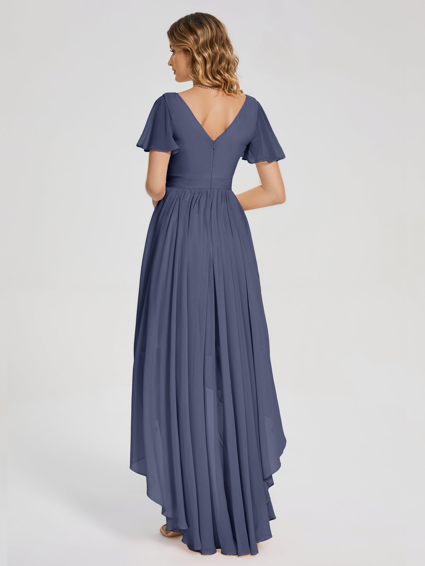 Evangeline High Low Short Sleeves Chiffon Bridesmaid Dress