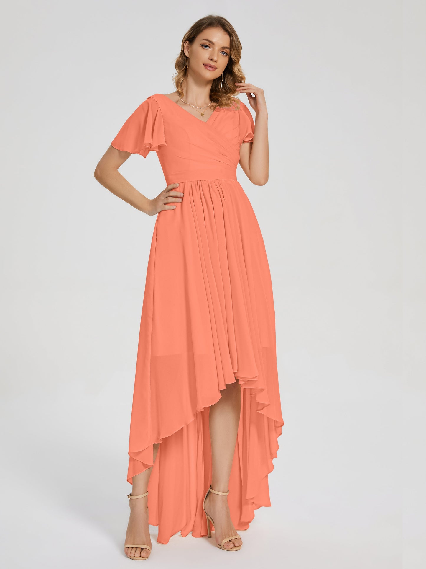 Evangeline High Low Short Sleeves Chiffon Bridesmaid Dress