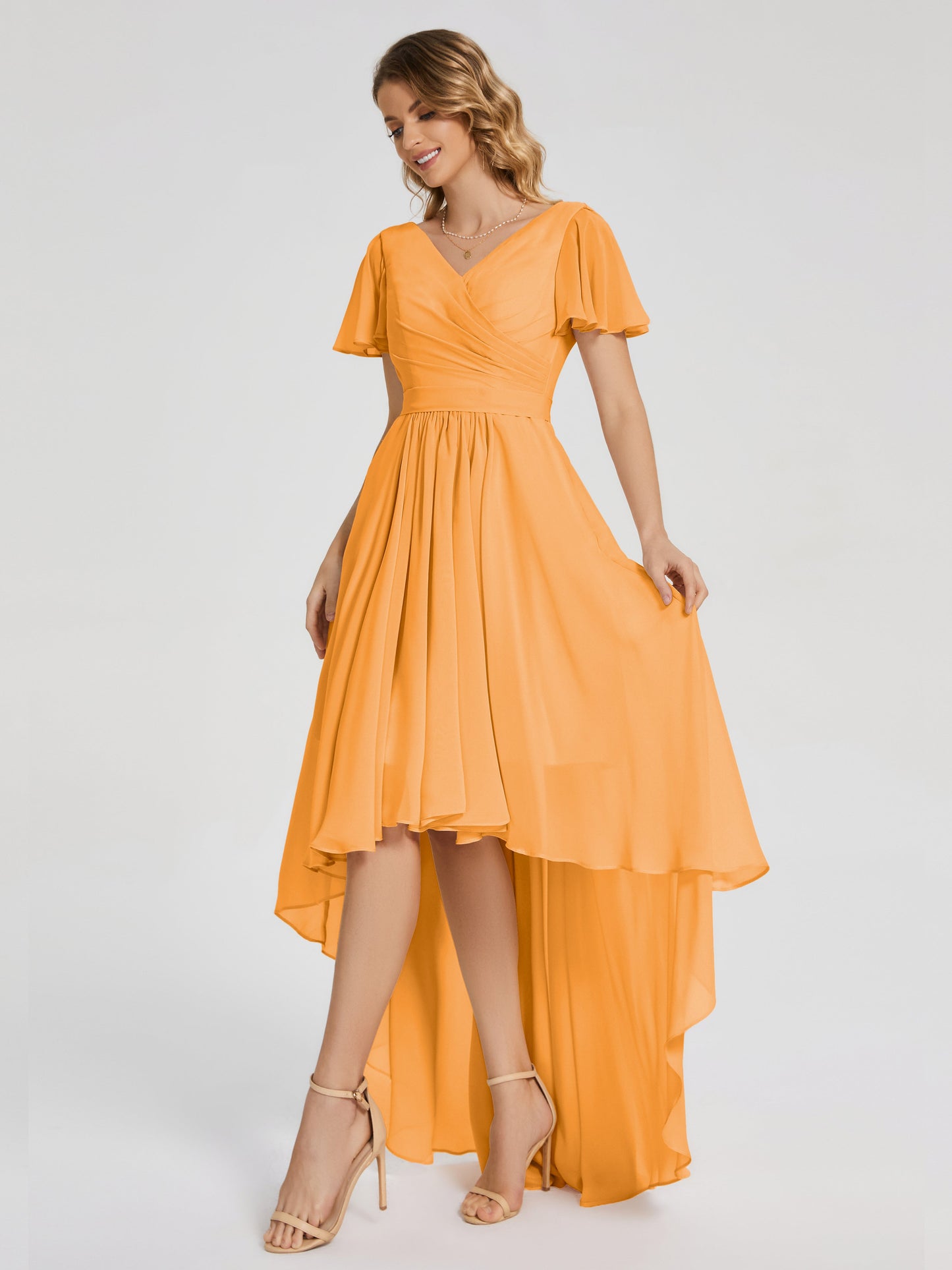Evangeline High Low Short Sleeves Chiffon Bridesmaid Dress
