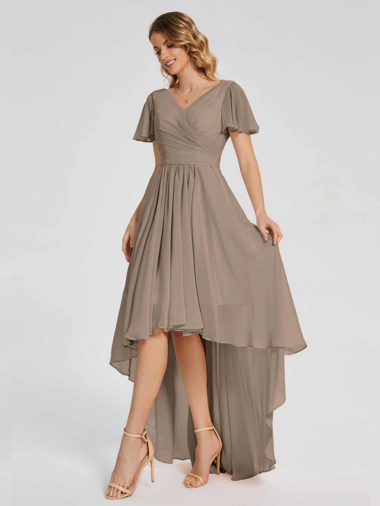 Evangeline High Low Short Sleeves Chiffon Bridesmaid Dress