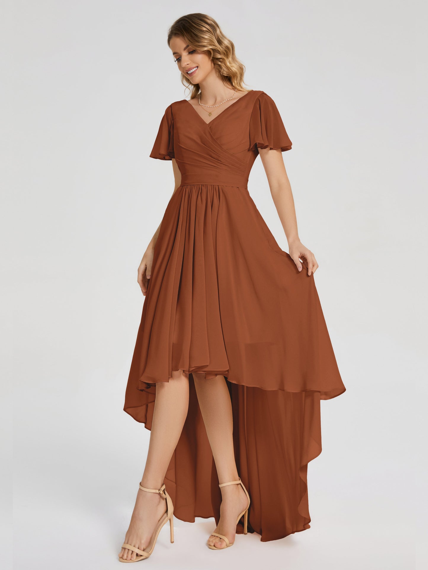 Evangeline High Low Short Sleeves Chiffon Bridesmaid Dress